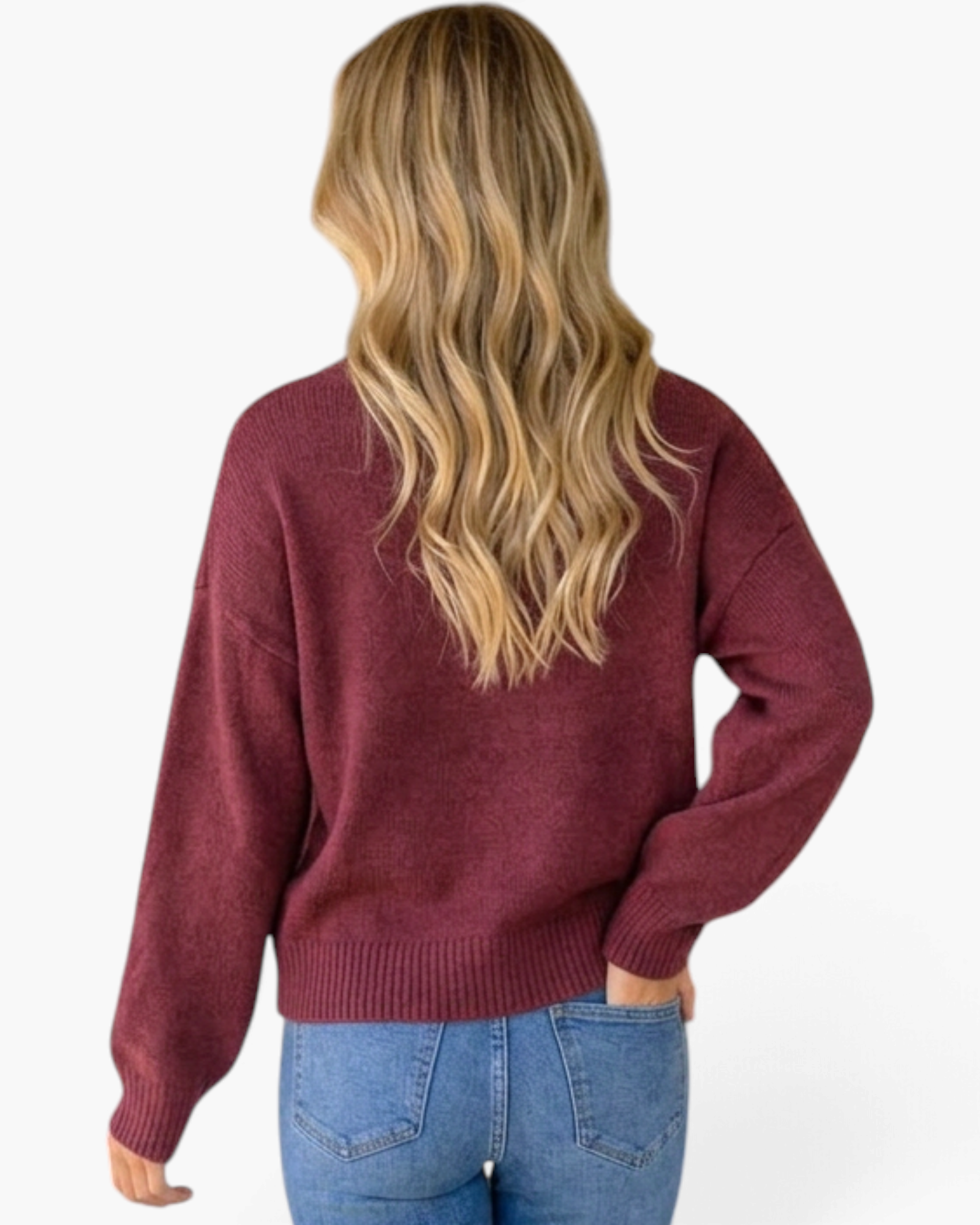 Back view of a woman wearing a Beach Rose Co. burgundy crewneck sweater with long sleeves and ribbed trim.