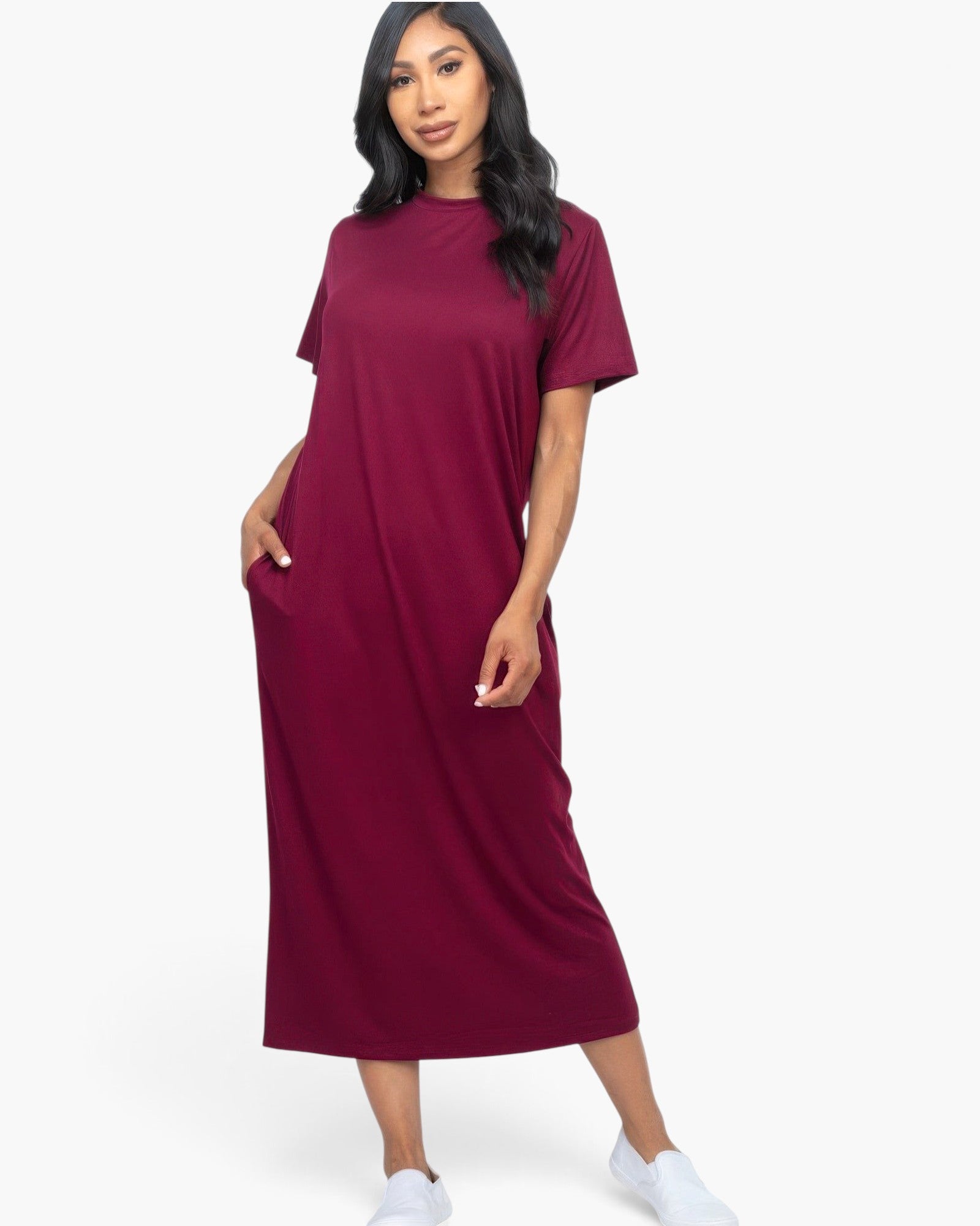 Beach Rose Co. burgundy midi tee dress with short sleeves and side pockets worn by a model with white sneakers
