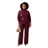 Beach Rose Co. burgundy turtleneck tunic and wide-leg pants set with oversized decorative buttons.