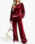 Beach Rose Co. burgundy velour crewneck top and wide leg pants set with a relaxed fit and side pockets.