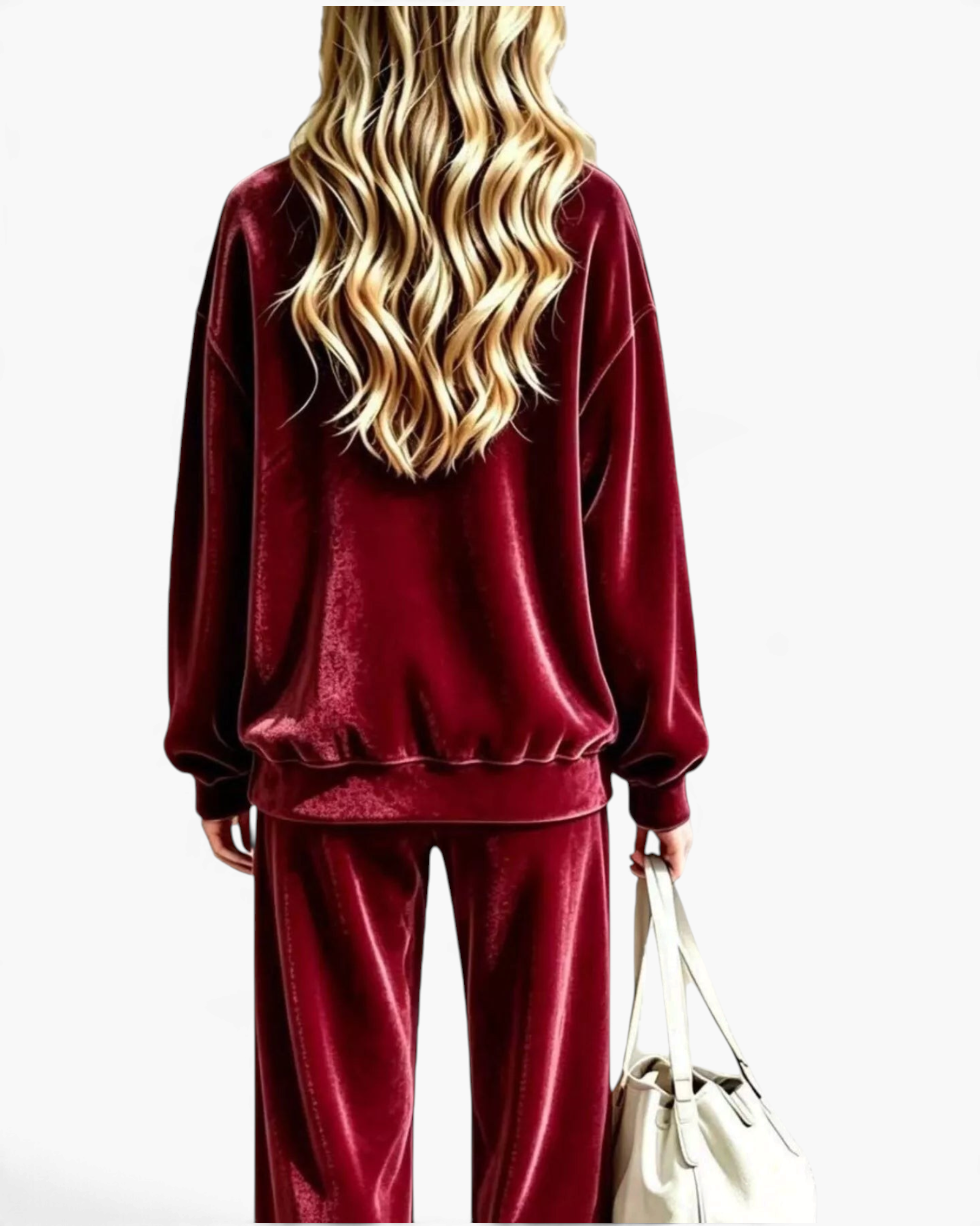 Beach Rose Co. burgundy velour crewneck top and wide leg pants set worn by a blonde woman from the back view.