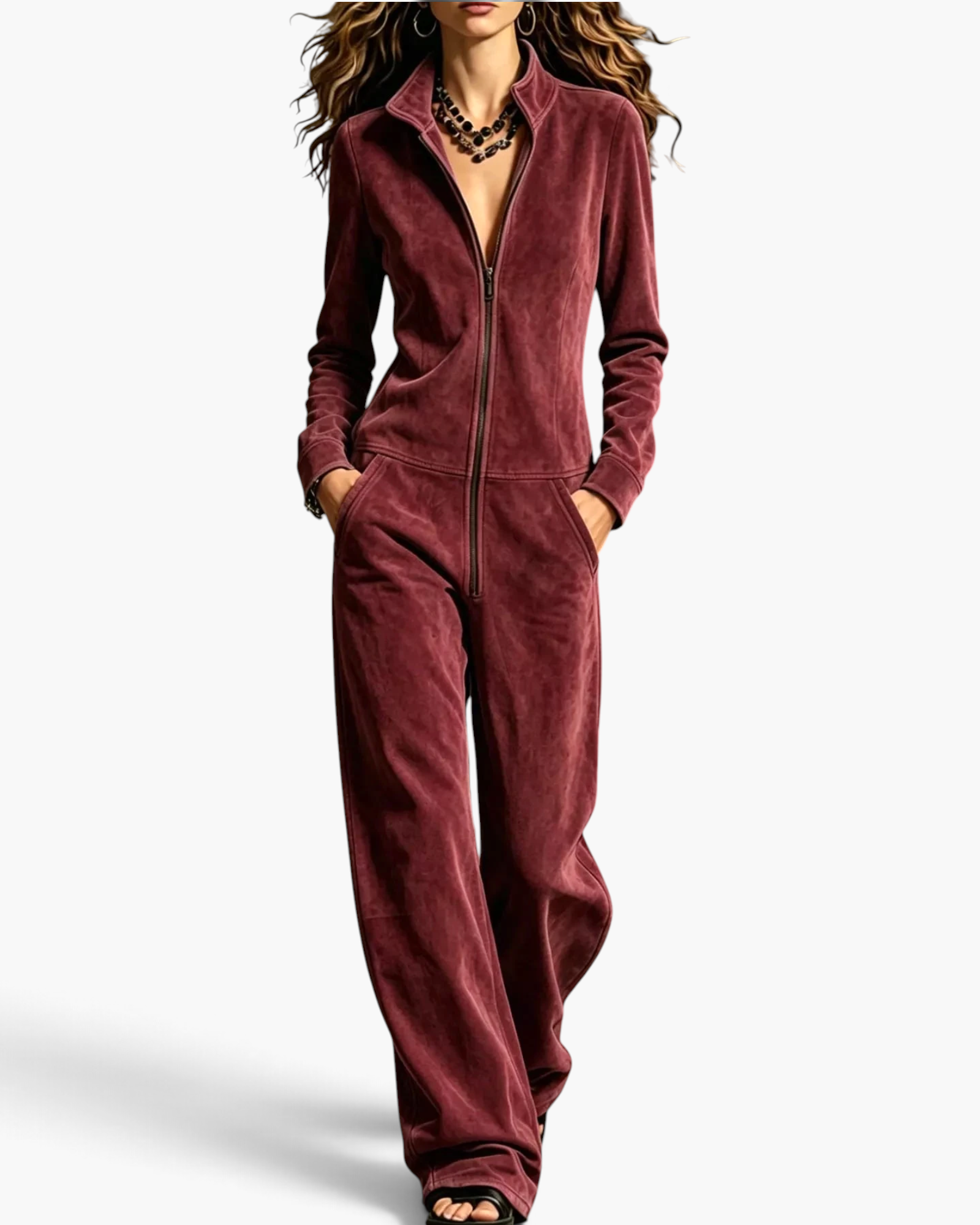 Beach Rose Co. burgundy velour jumpsuit with a zip-front, stand collar, long sleeves, and wide-leg silhouette.