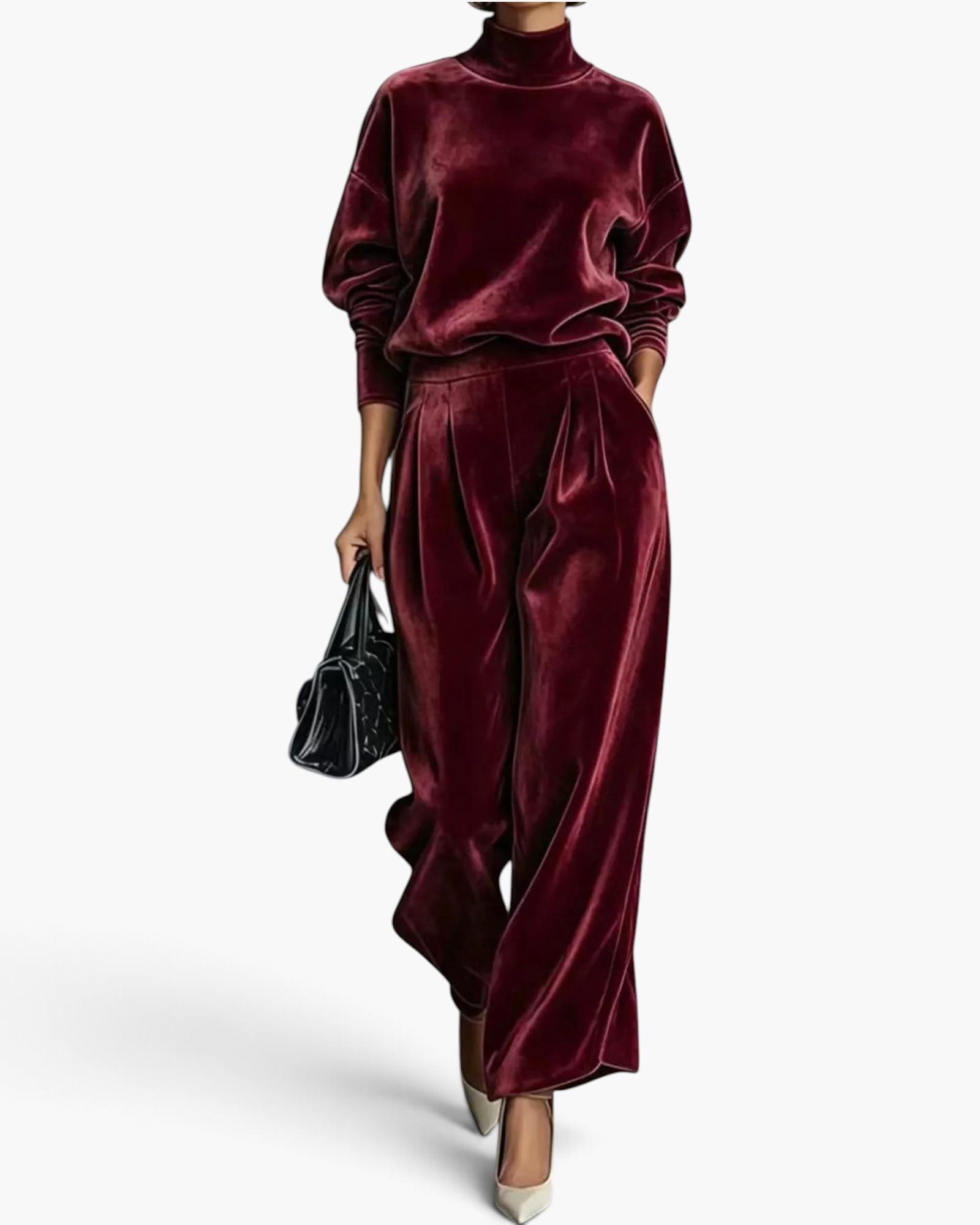 Beach Rose Co. burgundy velvet matching set with mock neck top and pleated wide leg pants on a model