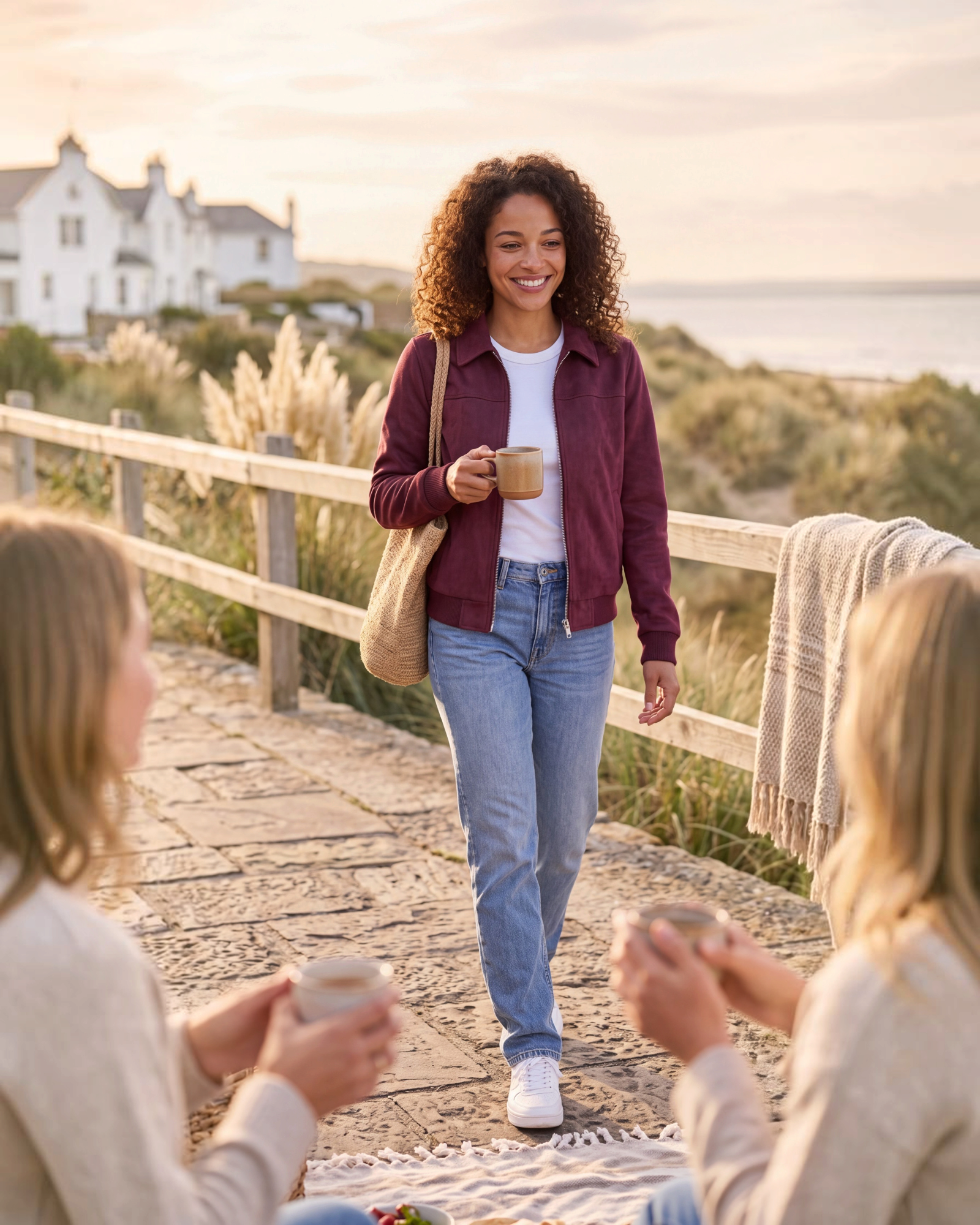 Beach Rose Co. burgundy zip-up jacket with a metal placket collar worn by a woman outdoors.