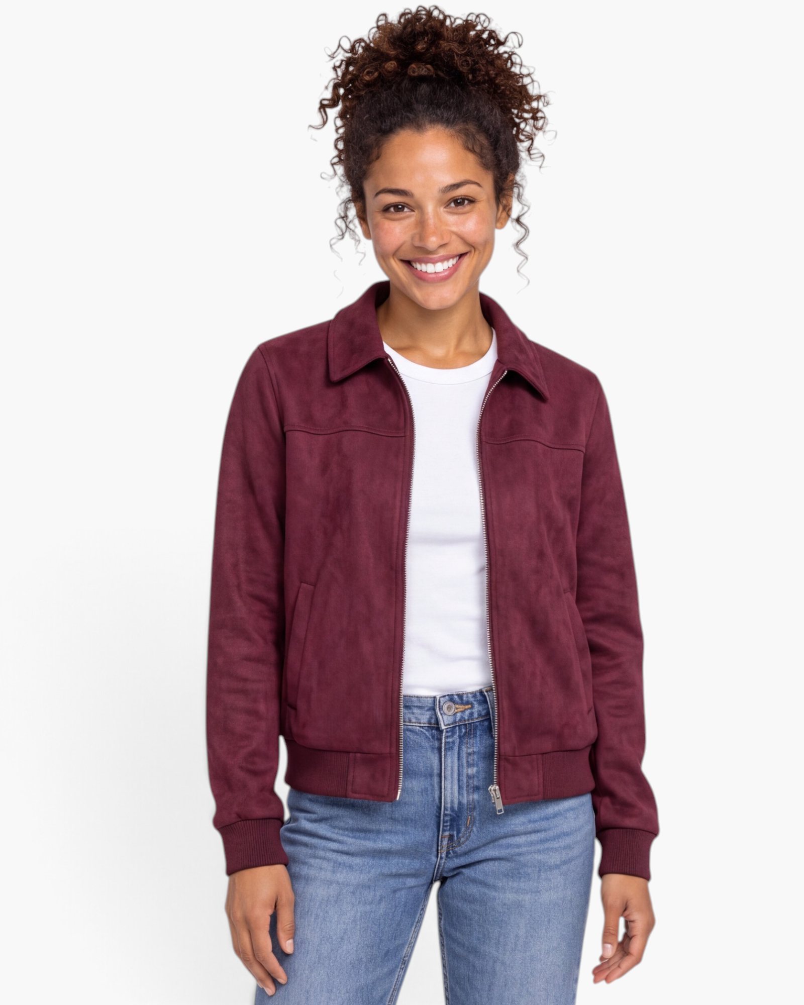 Beach Rose Co. burgundy zip-up jacket with a metal placket collar and long sleeves in a soft suede-like finish.