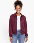 Beach Rose Co. burgundy zip-up jacket with a metal placket collar and long sleeves in a soft suede-like finish.