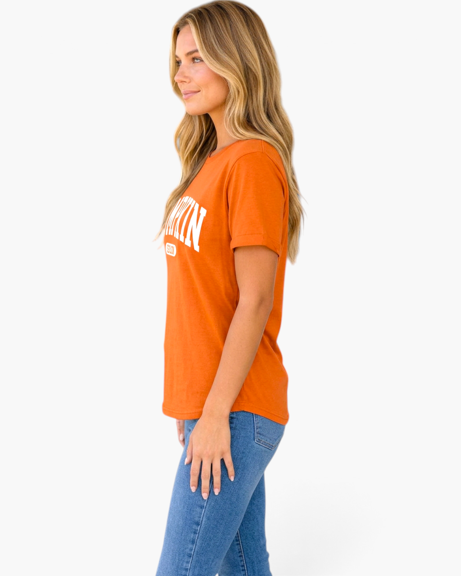 Beach Rose Co. burnt orange short-sleeve graphic tee with white collegiate Pumpkin Season text, side view