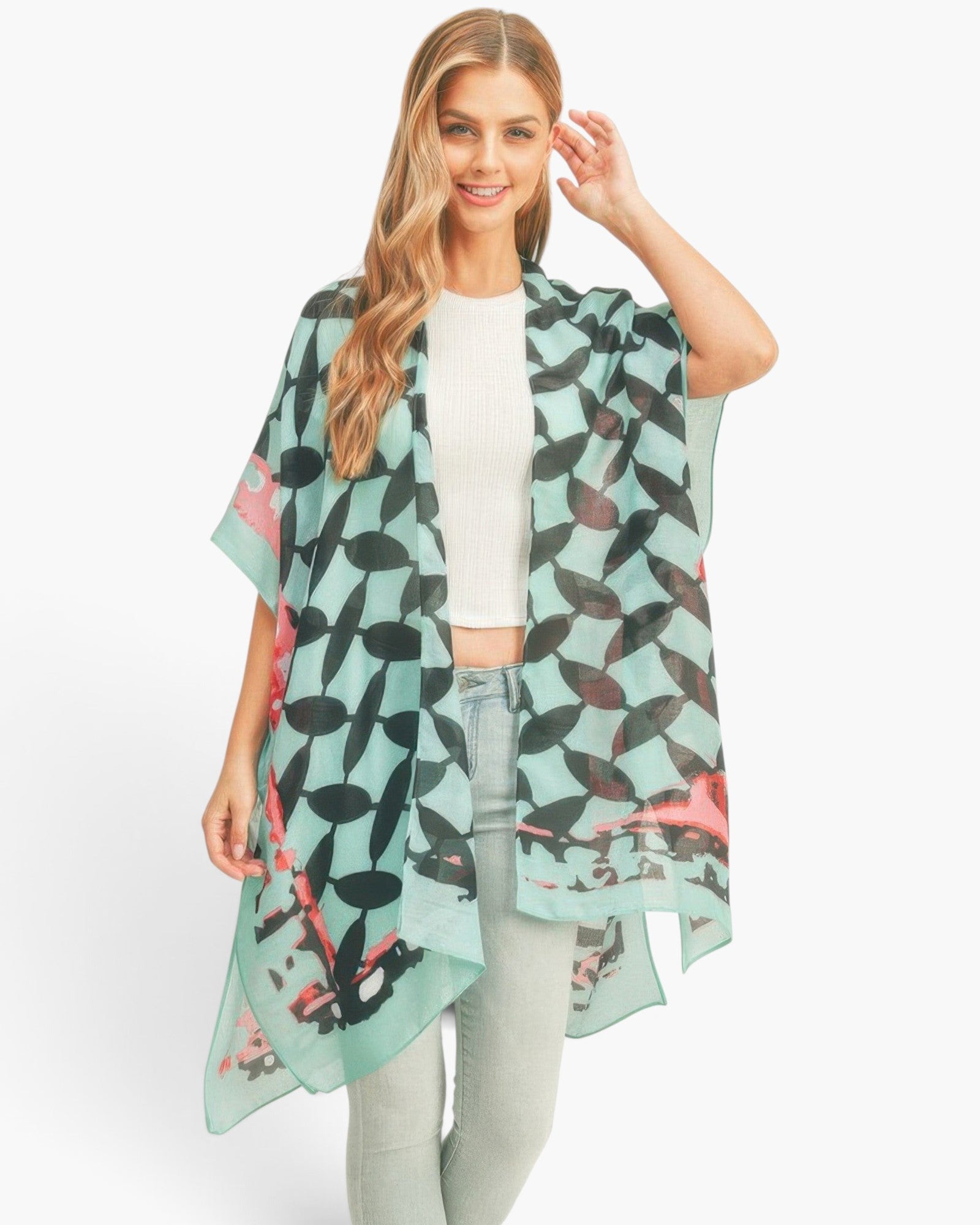 Beach Rose Co. lightweight kimono with butterfly wing print in teal and black, worn by a smiling model.