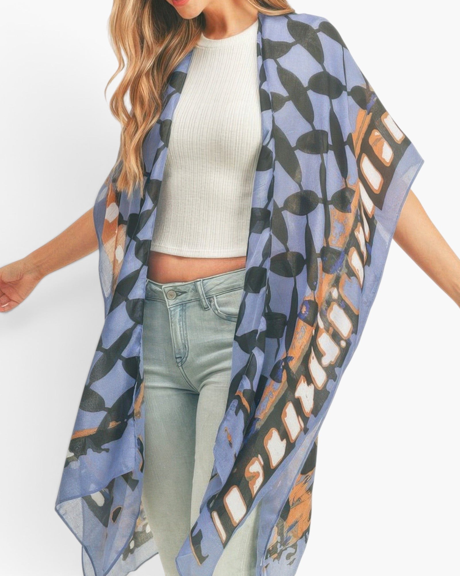 Beach Rose Co. lightweight kimono featuring a blue ombre front and bold geometric butterfly wing print back