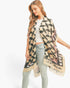 Beach Rose Co. lightweight kimono featuring a beige geometric print and butterfly wing motifs on sheer polyester fabric