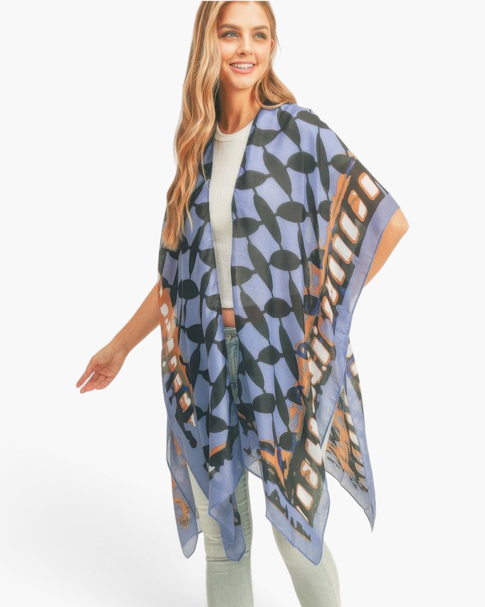 Beach Rose Co. butterfly wing print kimono with ombre front and geometric back in blue and orange polyester