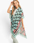 Beach Rose Co. lightweight kimono featuring a teal and black geometric butterfly wing print with coral accents