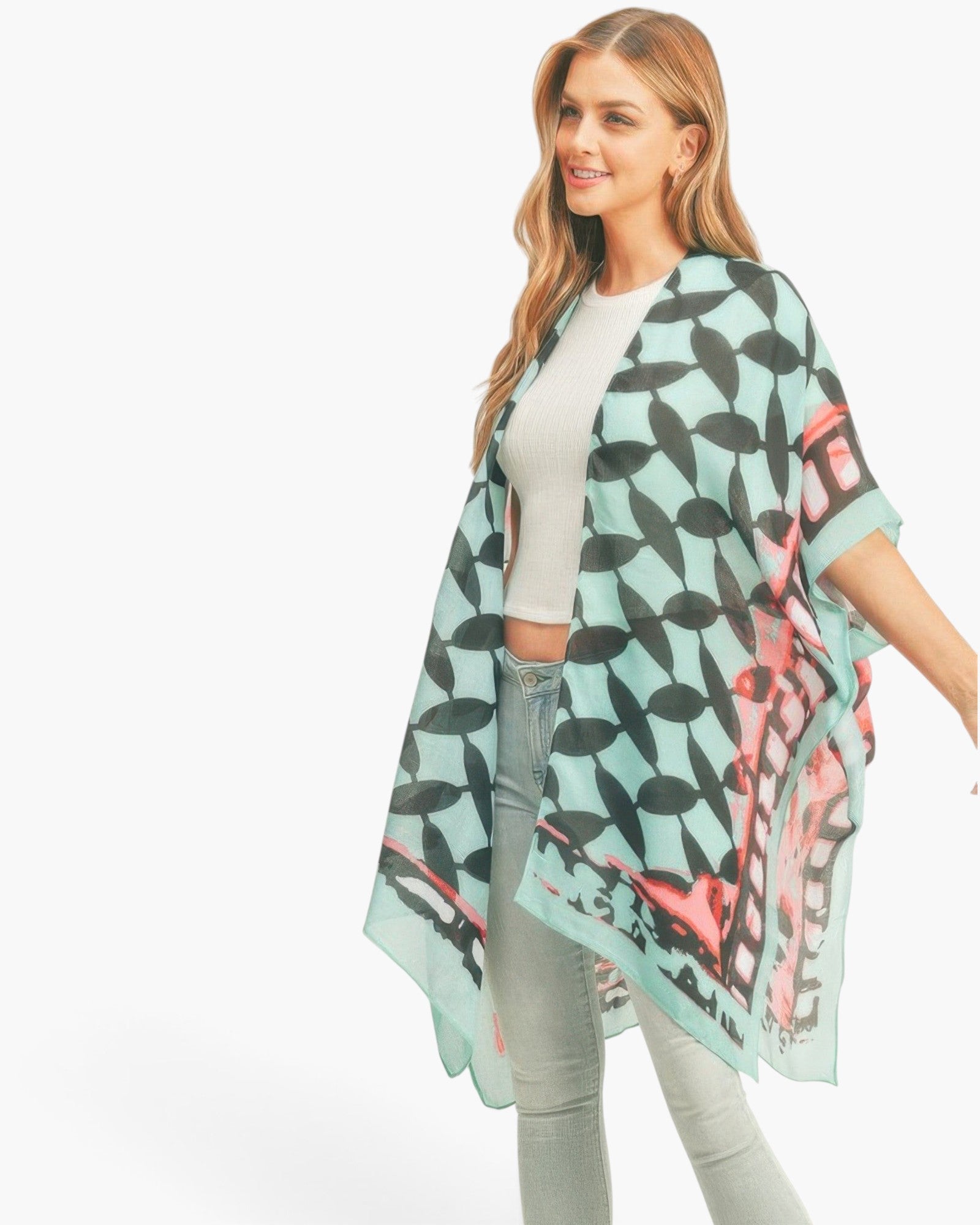 Beach Rose Co. lightweight kimono featuring a butterfly wing print with ombre tones and geometric patterns.