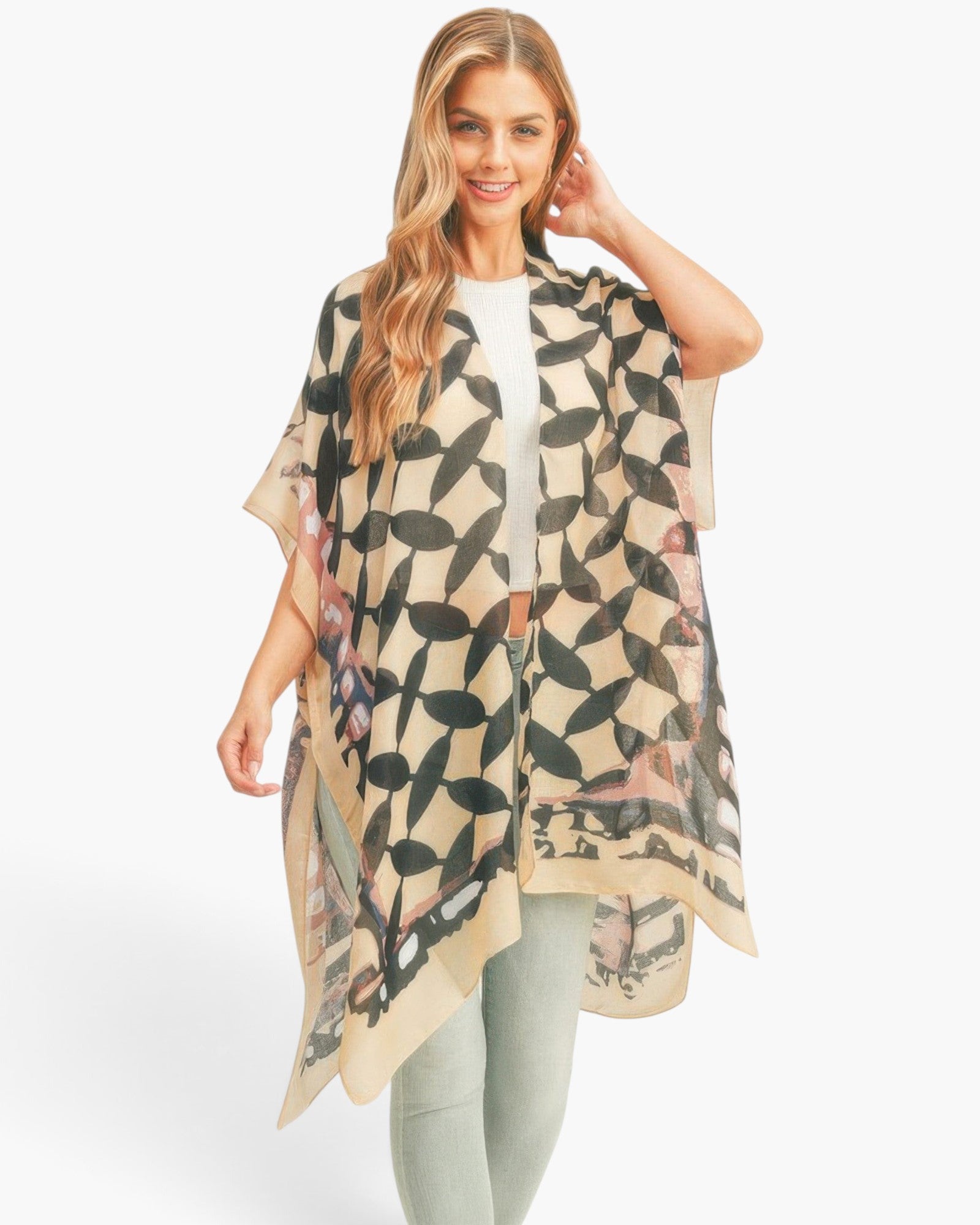 Beach Rose Co. lightweight kimono featuring a beige ombre front and bold black geometric butterfly wing print back.