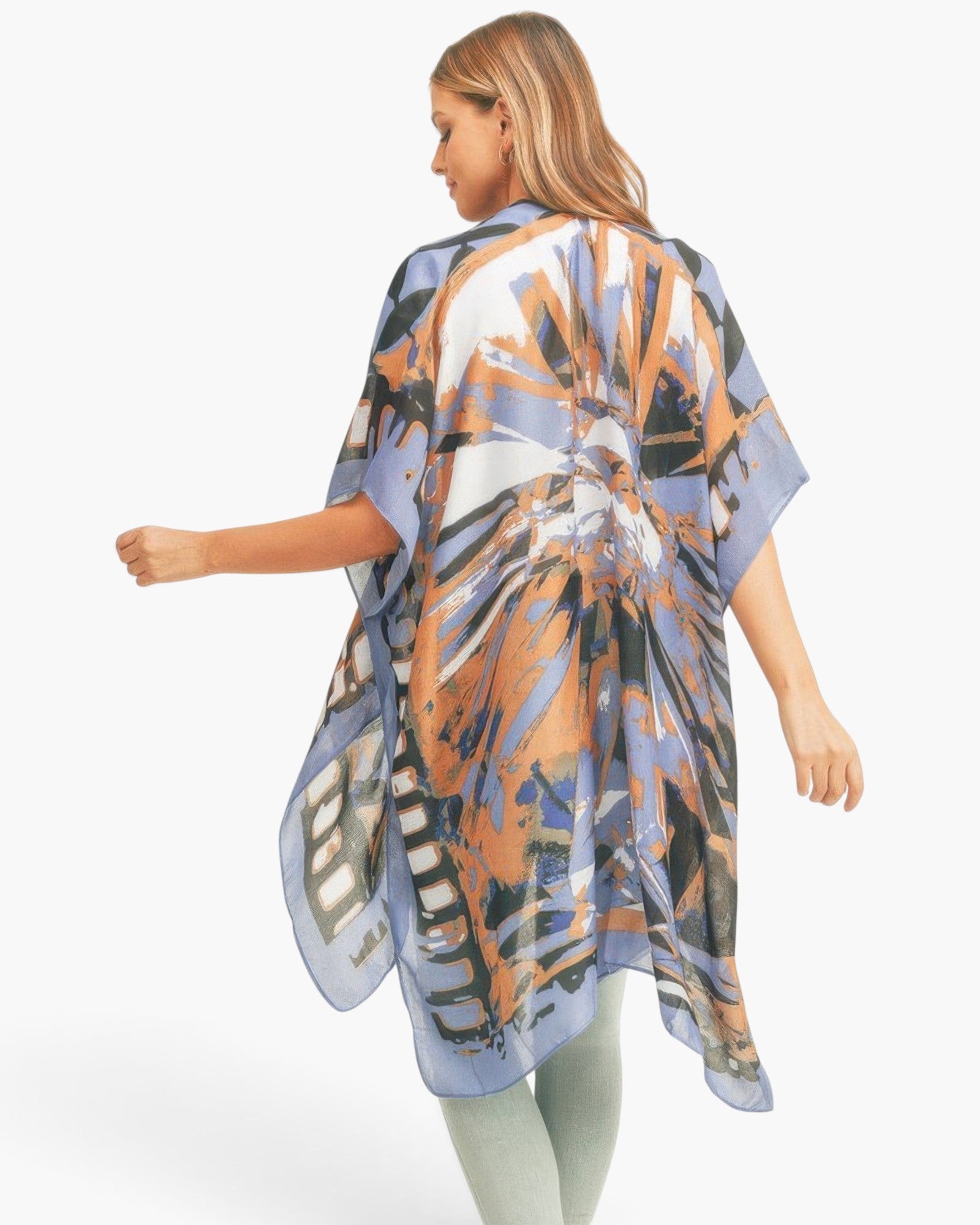 Beach Rose Co. butterfly wing print kimono with a bold geometric back design in blue and orange tones