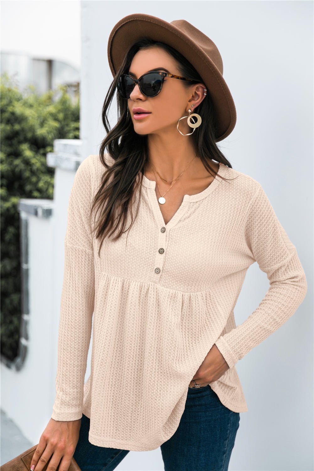 Beach Rose Co. - Button Front Waffle Knit Babydoll Top