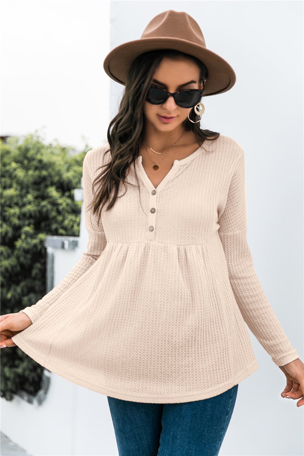 Beach Rose Co. - Button Front Waffle Knit Babydoll Top