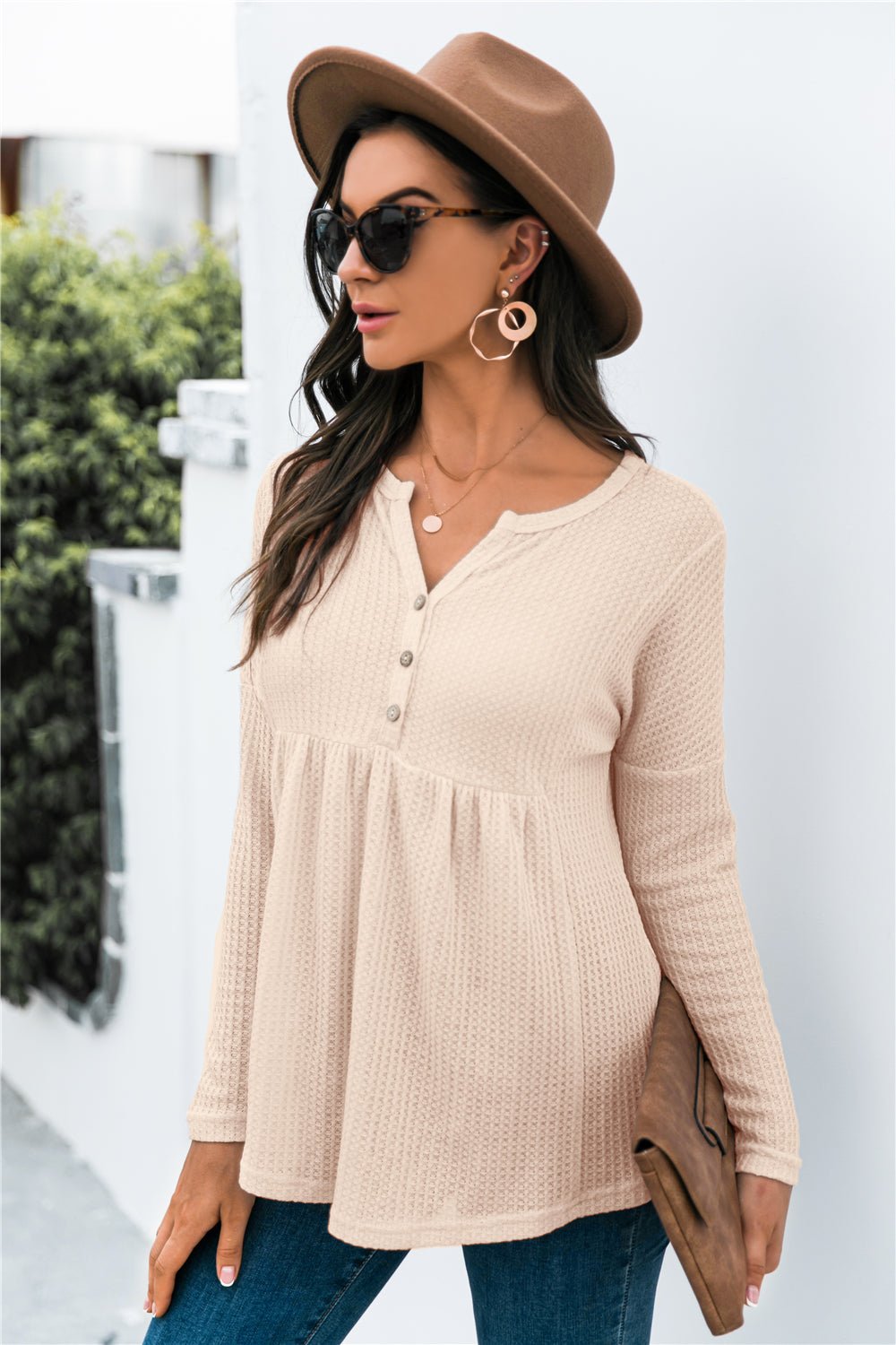 Beach Rose Co. - Button Front Waffle Knit Babydoll Top