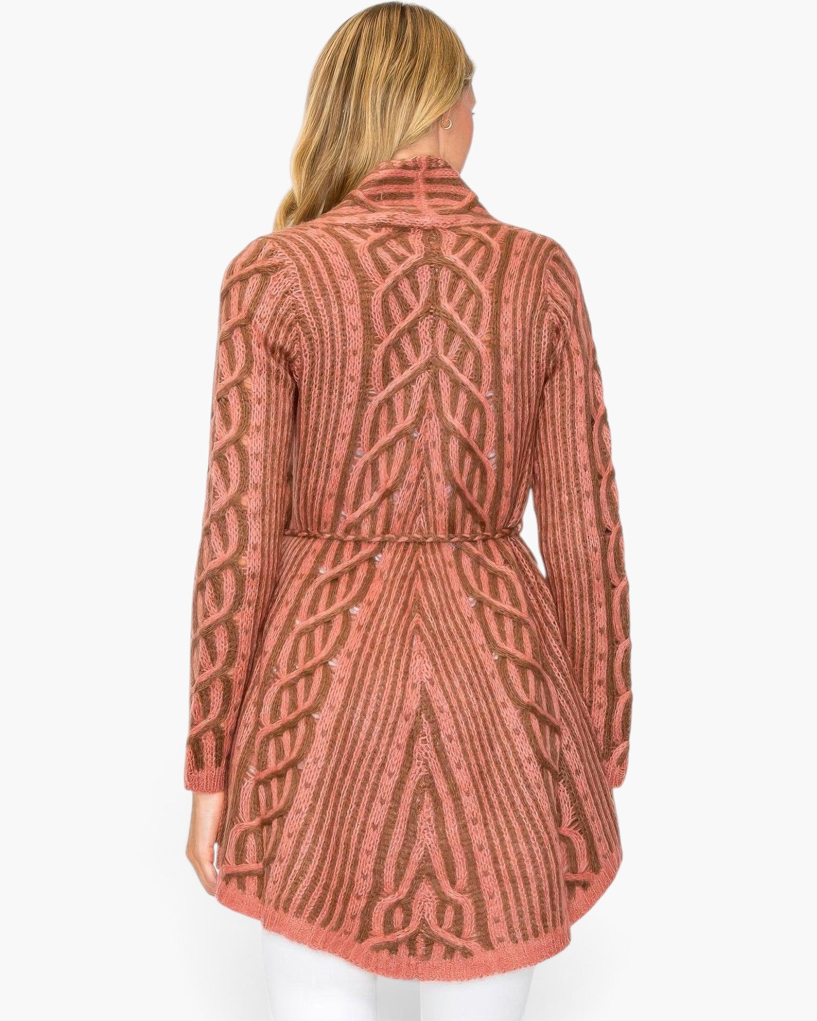 Beach Rose Co. open wool cardigan in dusty rose and brown with intricate cable knit patterns and a waist belt