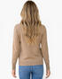 Beach Rose Co. camel knit sweater with raglan sleeves and button-cuff detail, worn by a woman from the back view.