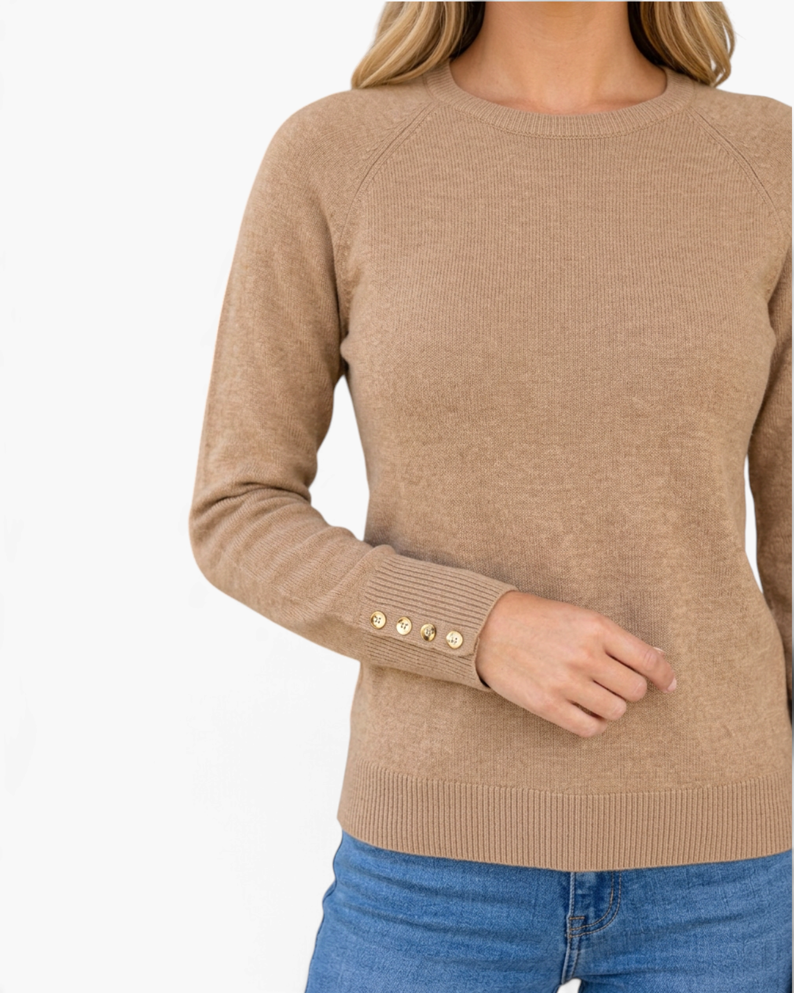 Beach Rose Co. camel raglan knit sweater featuring a crew neckline and gold button accents on the ribbed cuffs.