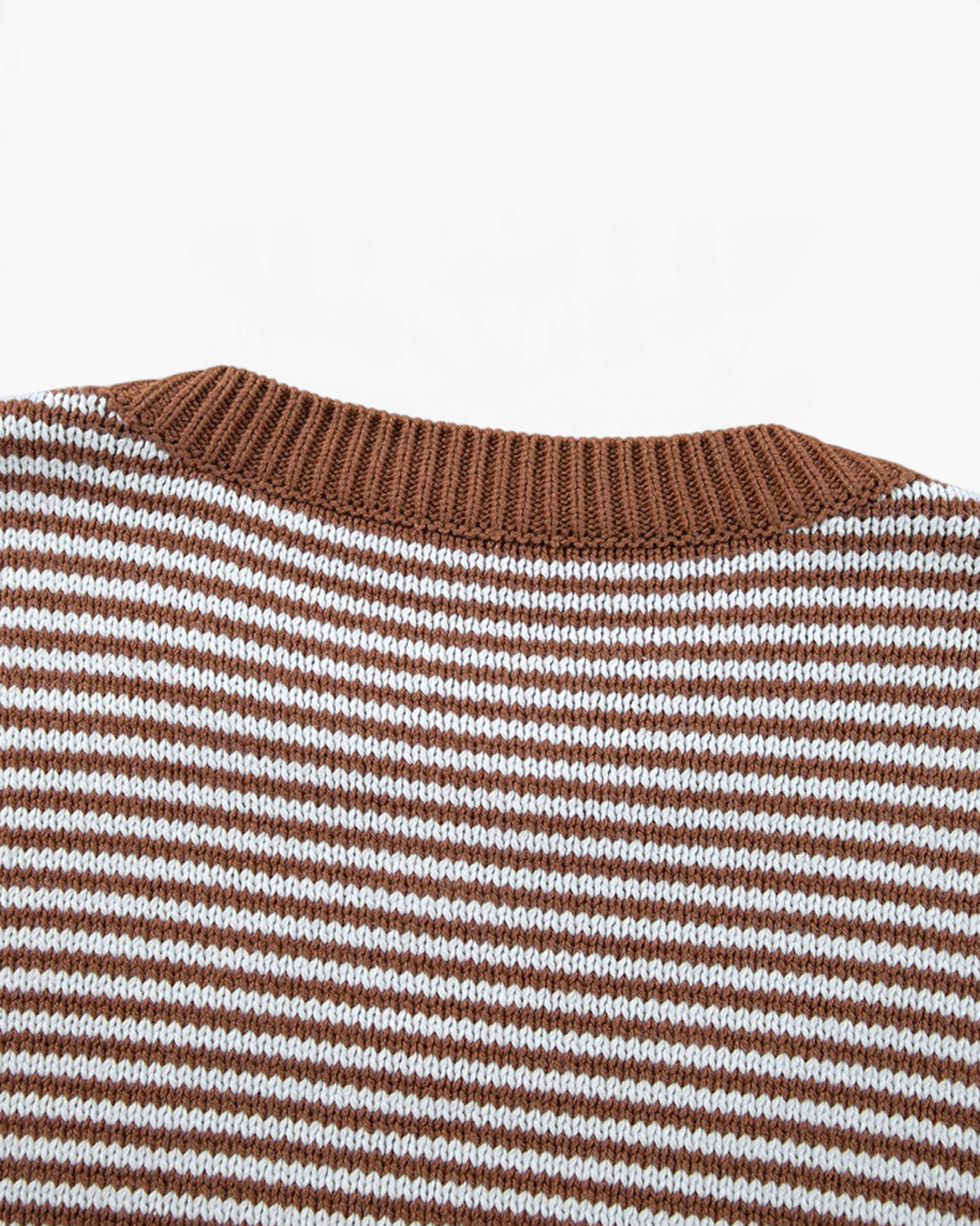 Beach Rose Co. camel and cream striped knit sweater with a solid brown ribbed crew neckline