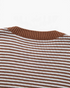 Beach Rose Co. camel and cream striped knit sweater with a solid brown ribbed crew neckline