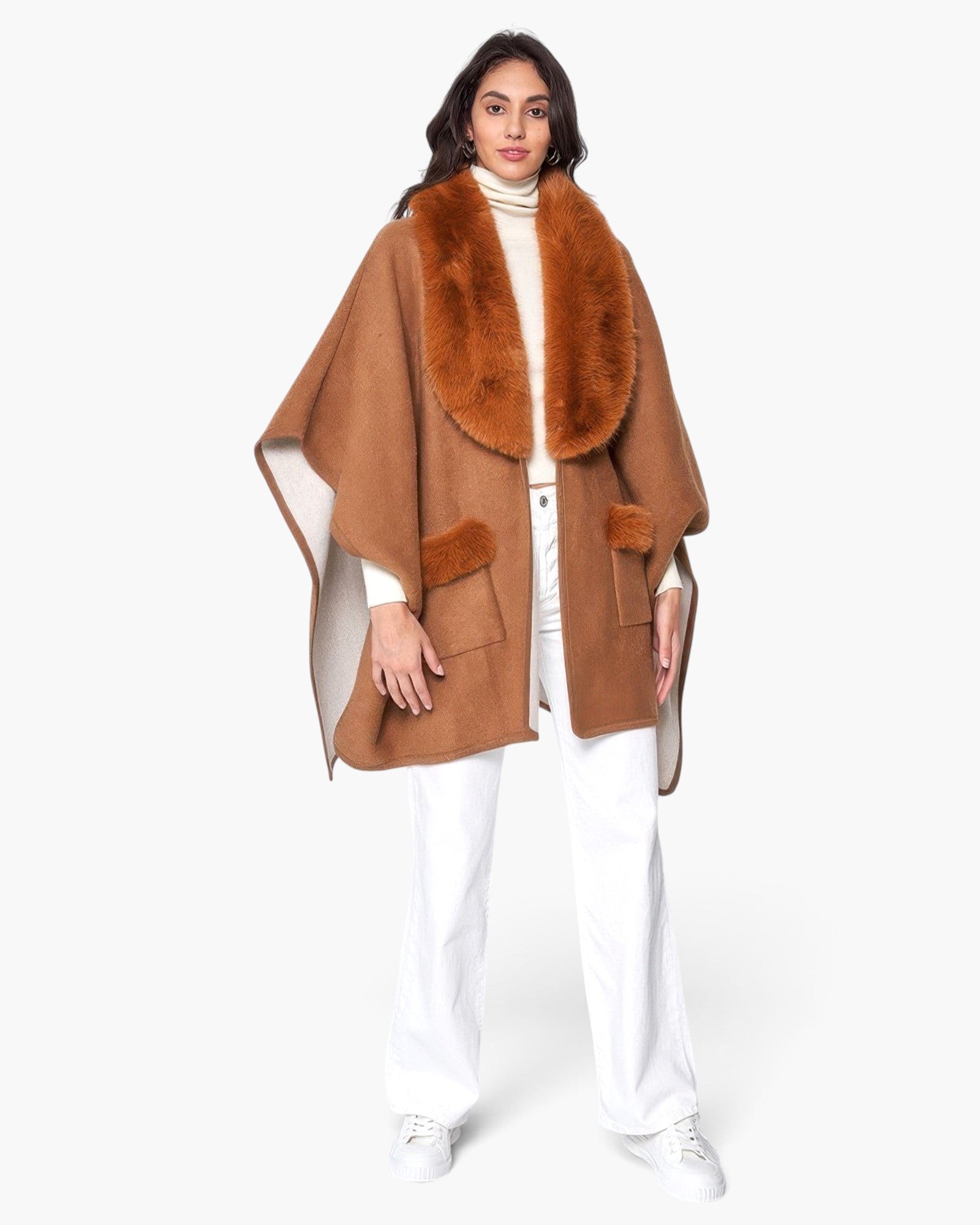 Beach Rose Co. camel kimono with a plush faux fur collar and matching faux fur pocket accents worn by a model.