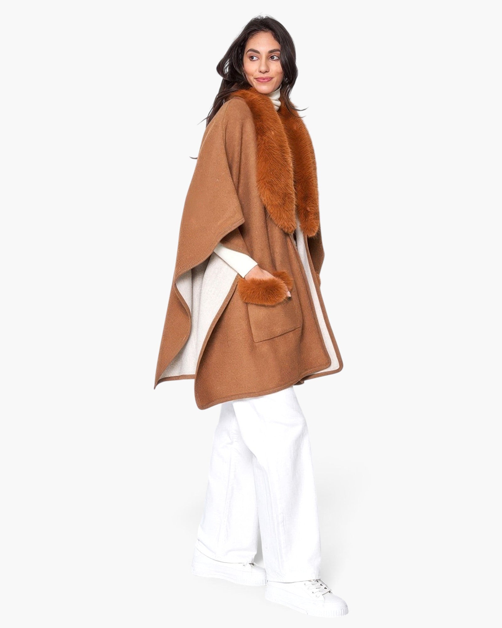 Beach Rose Co. camel kimono with a luxurious faux fur collar and matching faux fur pocket trim worn by a model