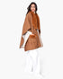 Beach Rose Co. camel kimono with a luxurious faux fur collar and matching faux fur pocket trim worn by a model
