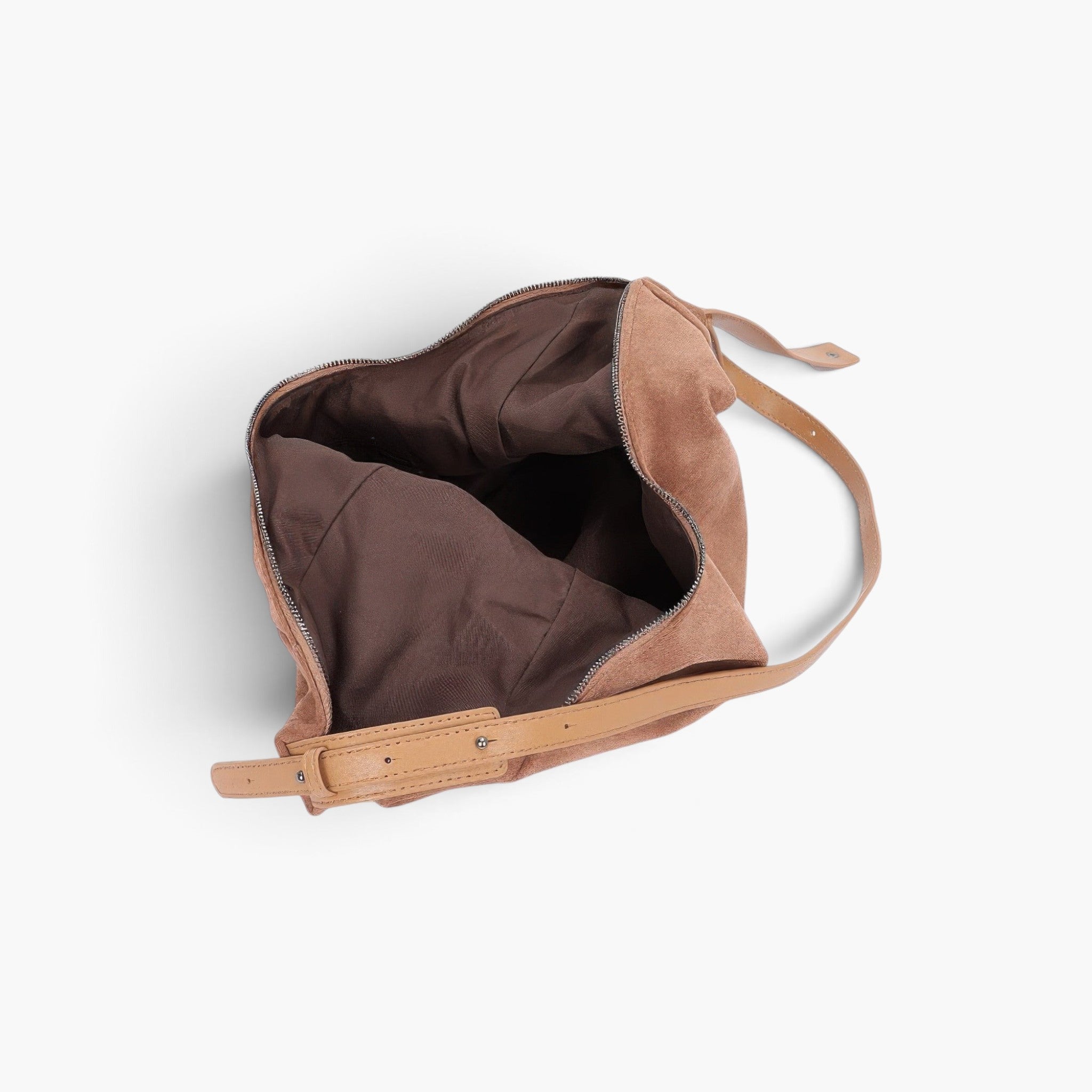 Beach Rose Co. camel faux suede bindle bag with a brown interior lining and adjustable leather strap