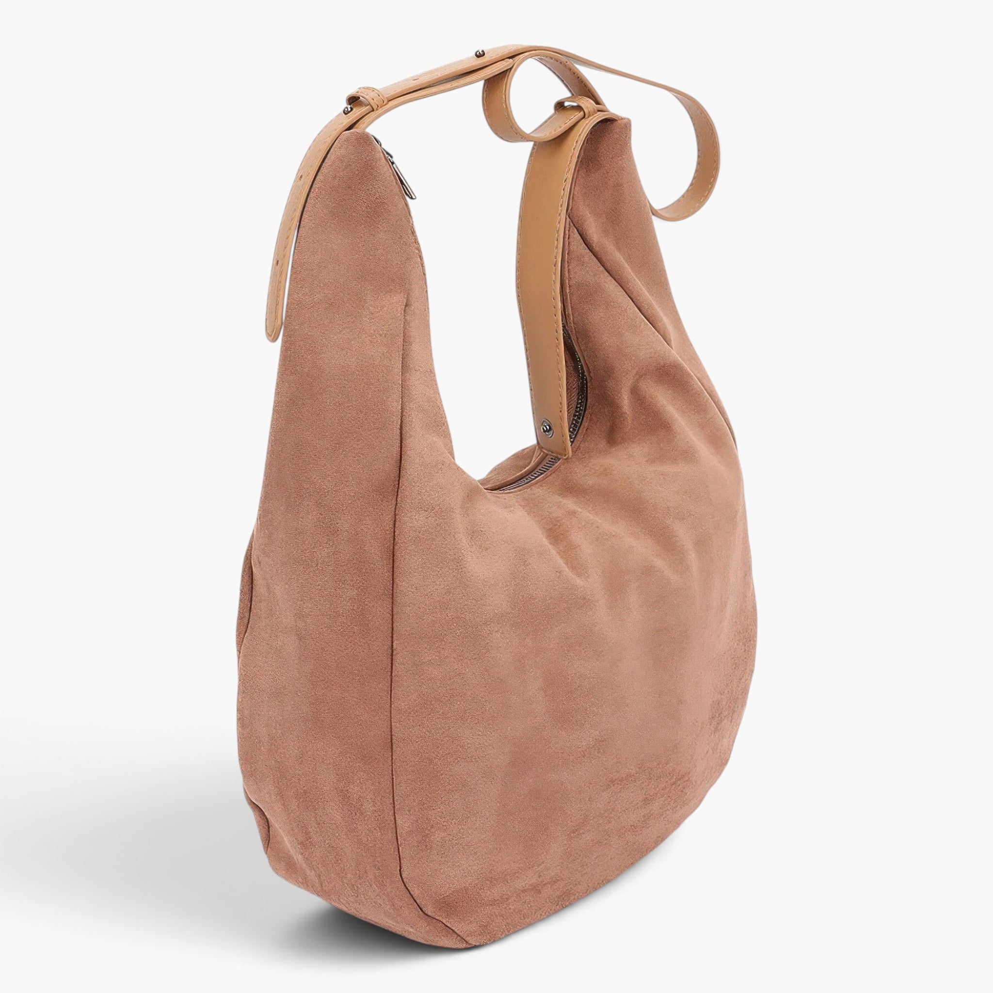 Beach Rose Co. camel faux suede bindle bag with a structured silhouette and a sturdy leather shoulder strap.