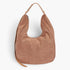 Beach Rose Co. camel faux suede bindle bag with a structured silhouette and sturdy leather shoulder strap.