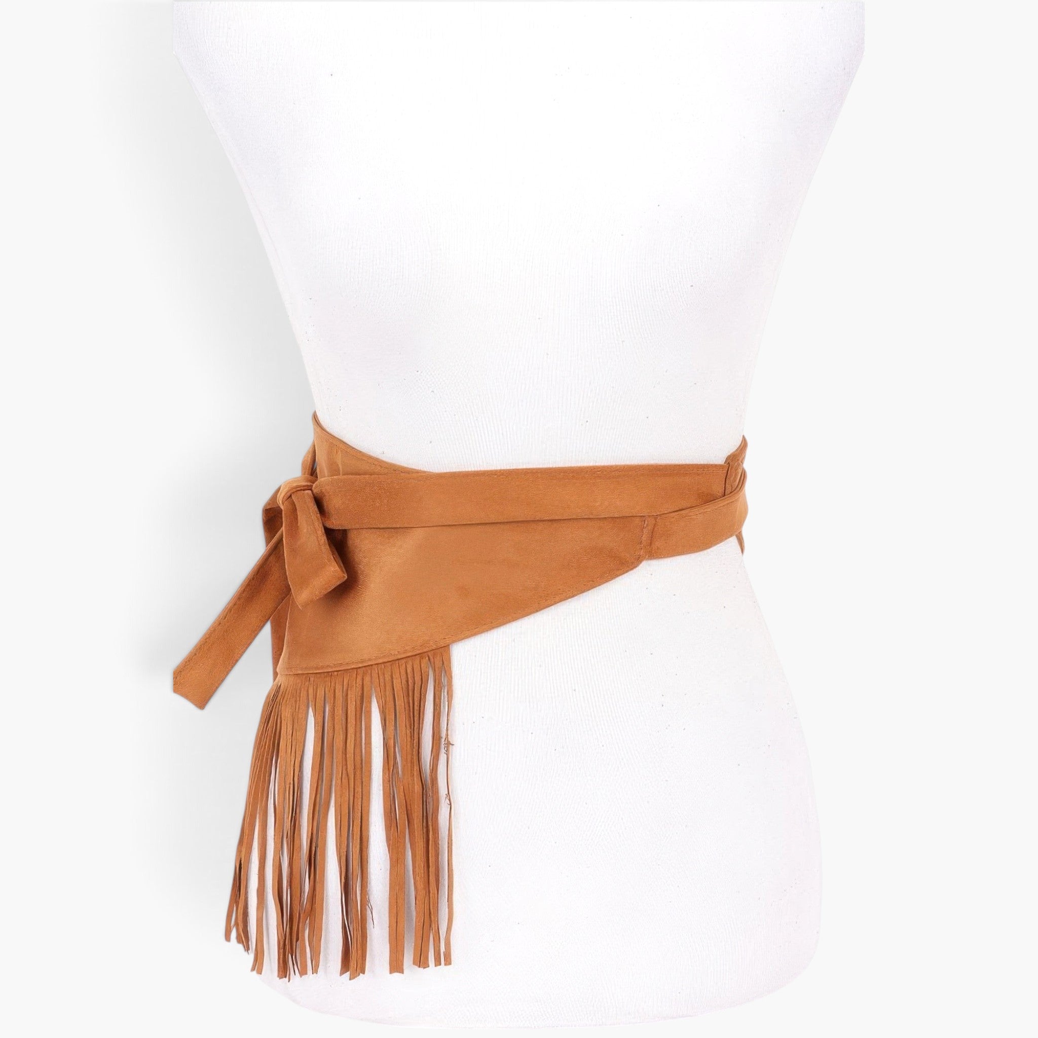 Beach Rose Co. camel faux suede fringe belt tied around a white mannequin torso