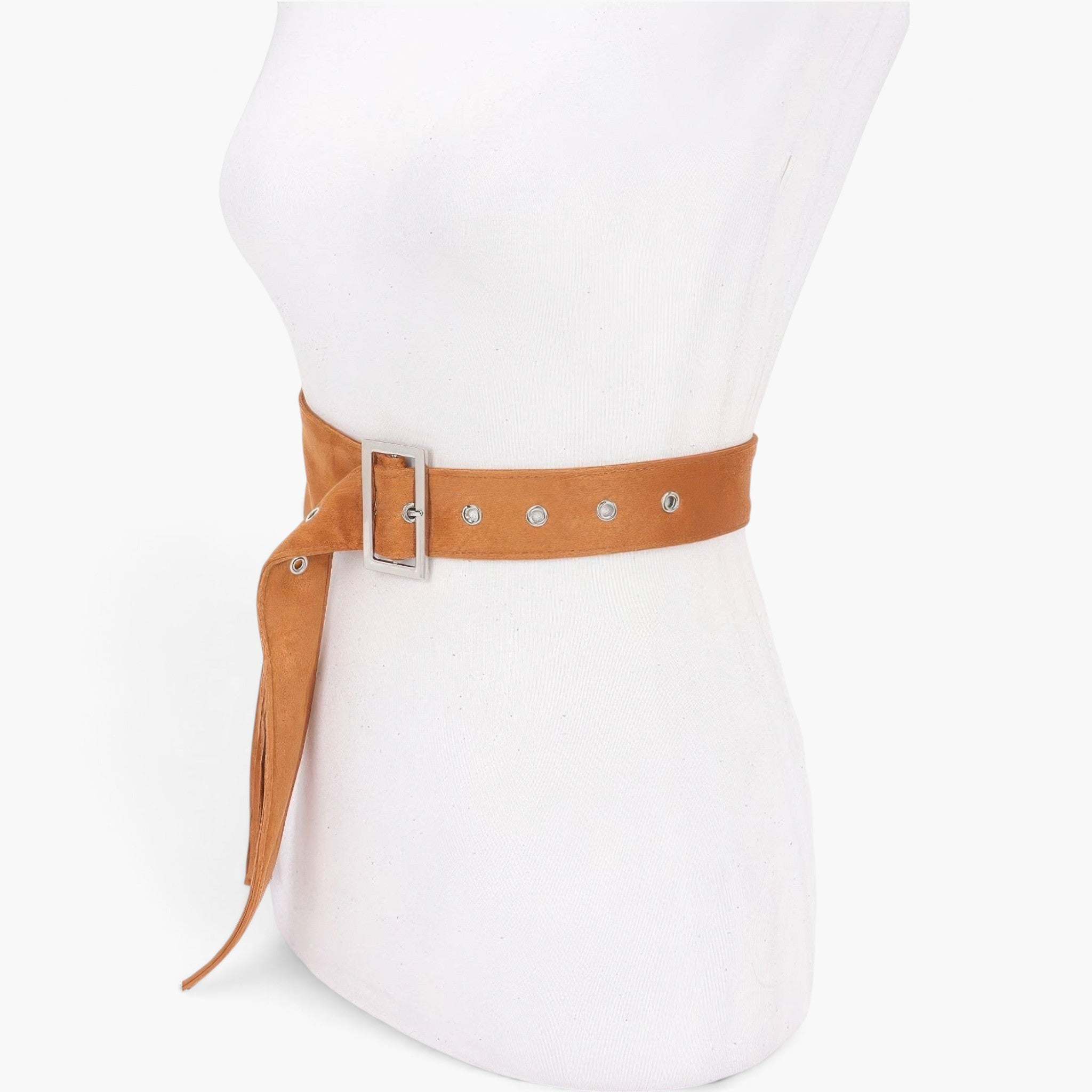 Beach Rose Co. camel faux suede fringe belt with a silver buckle on a white mannequin torso.