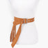 Beach Rose Co. camel faux suede fringe belt with a silver buckle on a white mannequin torso