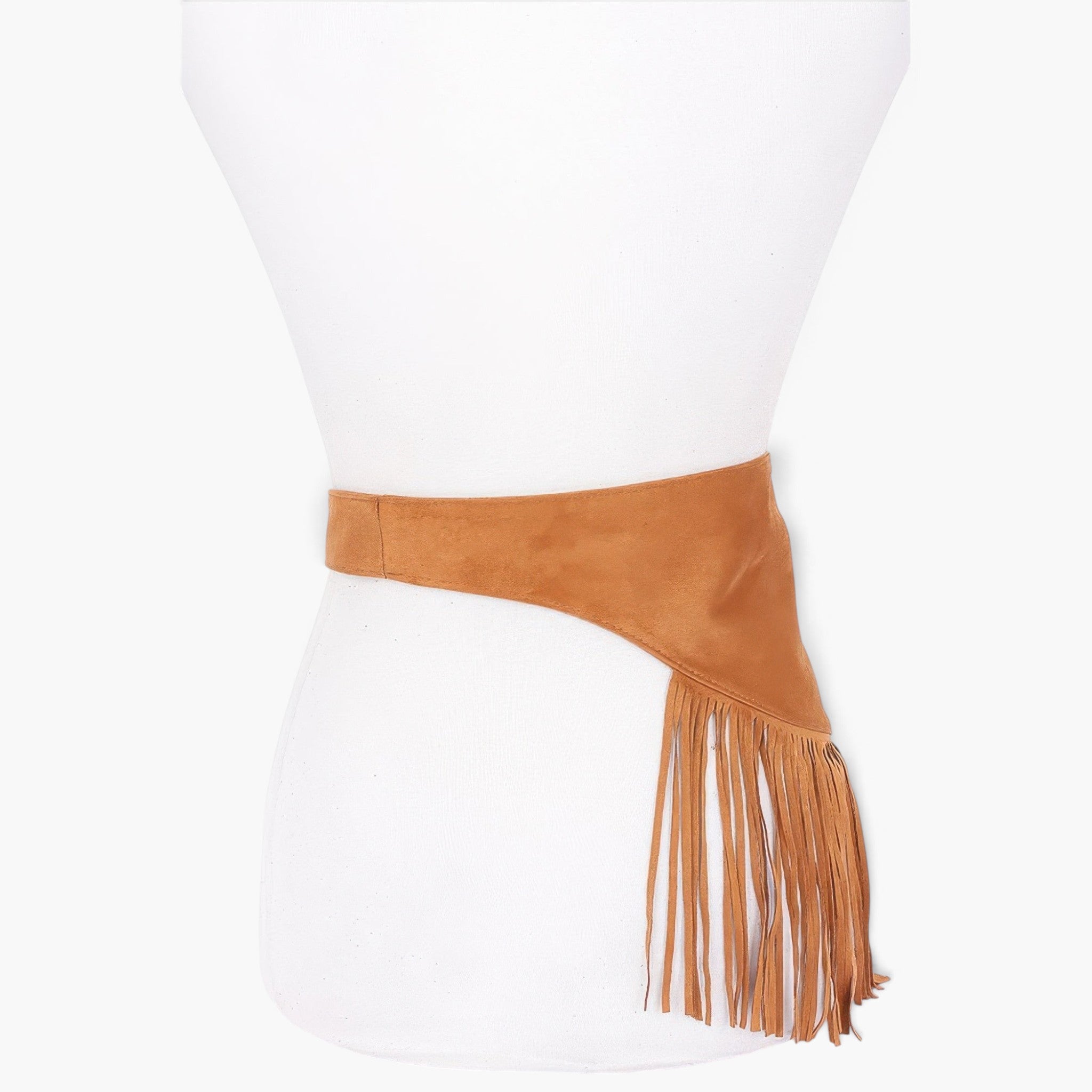 Beach Rose Co. camel faux suede fringe belt on a white mannequin, featuring a wide band and long swaying fringe detail.