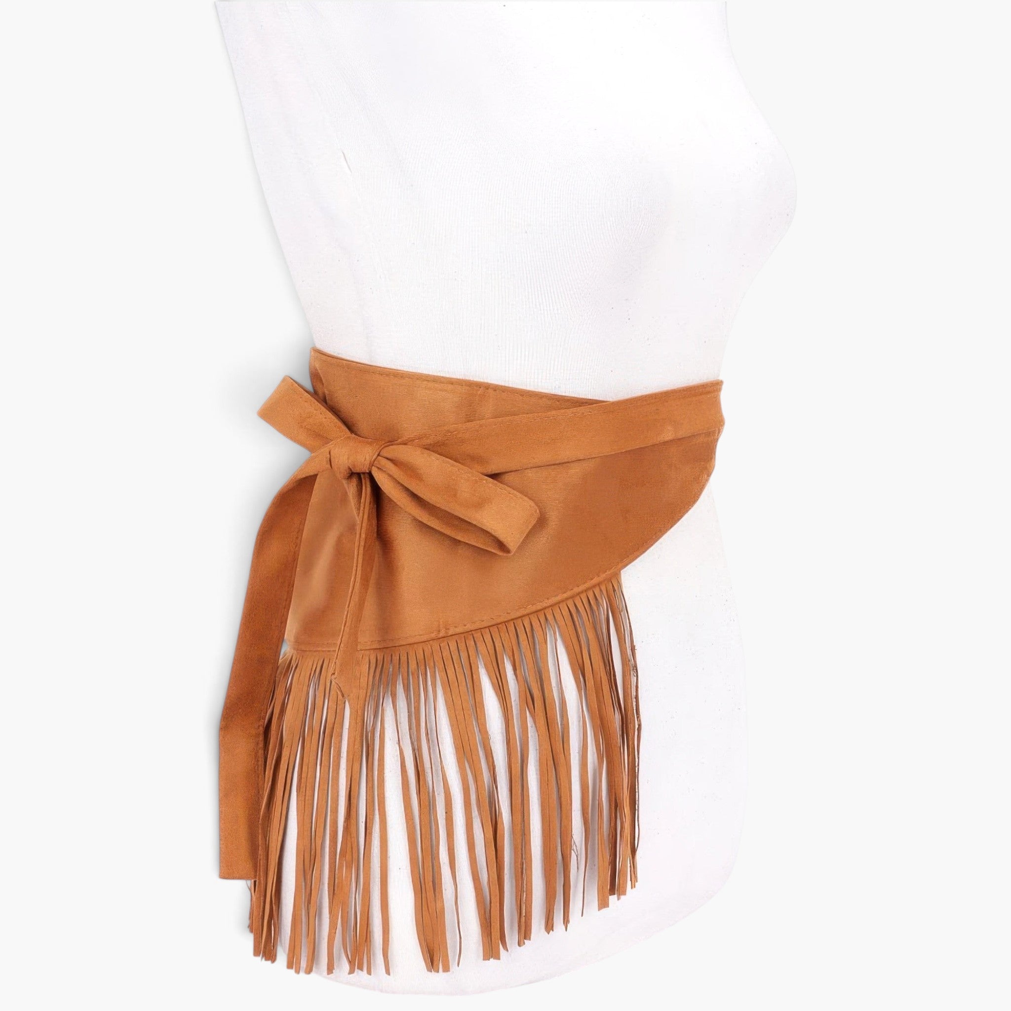 Beach Rose Co. camel faux suede fringe belt tied in a bow on a white mannequin torso