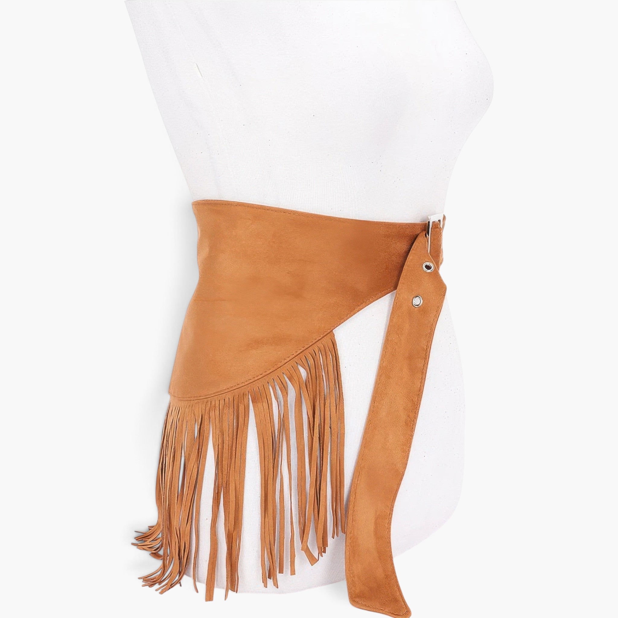 Beach Rose Co. camel faux suede fringe belt on a mannequin, featuring a sleek buckle and long swaying fringe details.