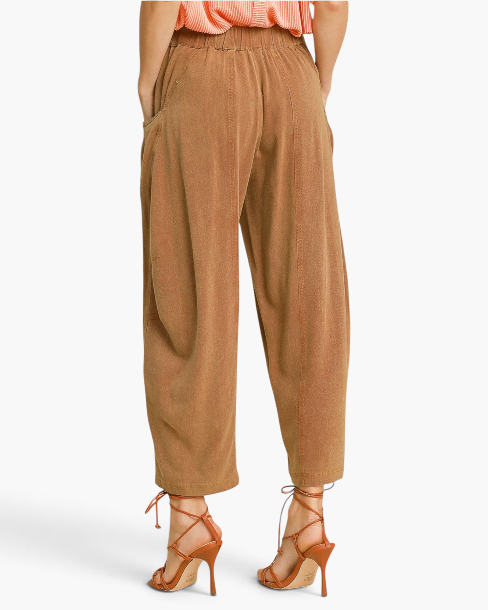 Beach Rose Co. camel linen-blend barrel-leg pants with an elastic back waistband and cropped ankle-skimming length.