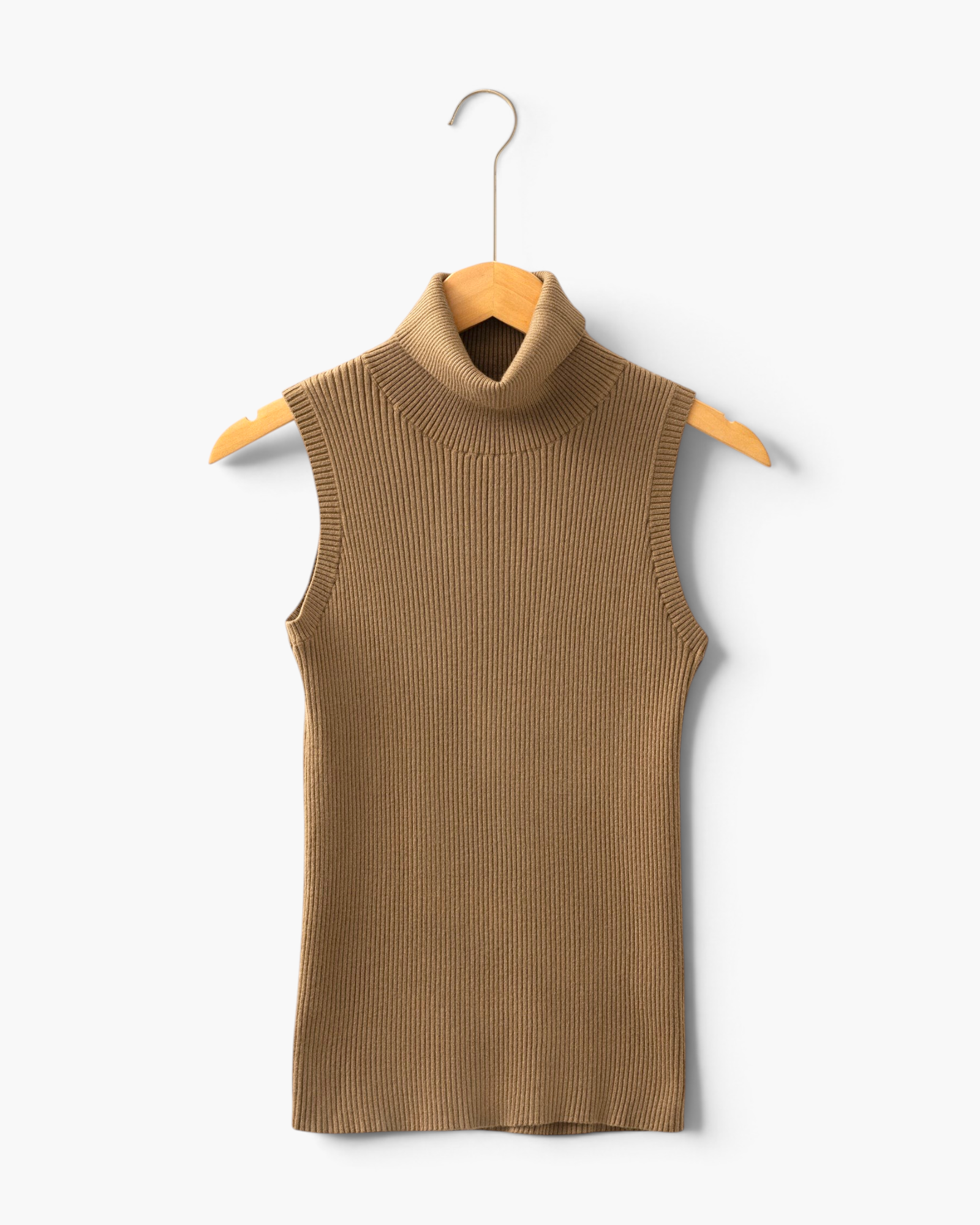 Beach Rose Co. camel sleeveless mock-neck top in a fitted fine ribbed-knit fabric hanging on a wooden hanger.