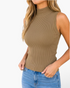 Beach Rose Co. camel sleeveless mock-neck top in a fitted ribbed-knit fabric worn with blue denim jeans.