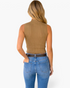 Beach Rose Co. camel ribbed mock-neck sleeveless top worn by a woman with blue jeans, back view