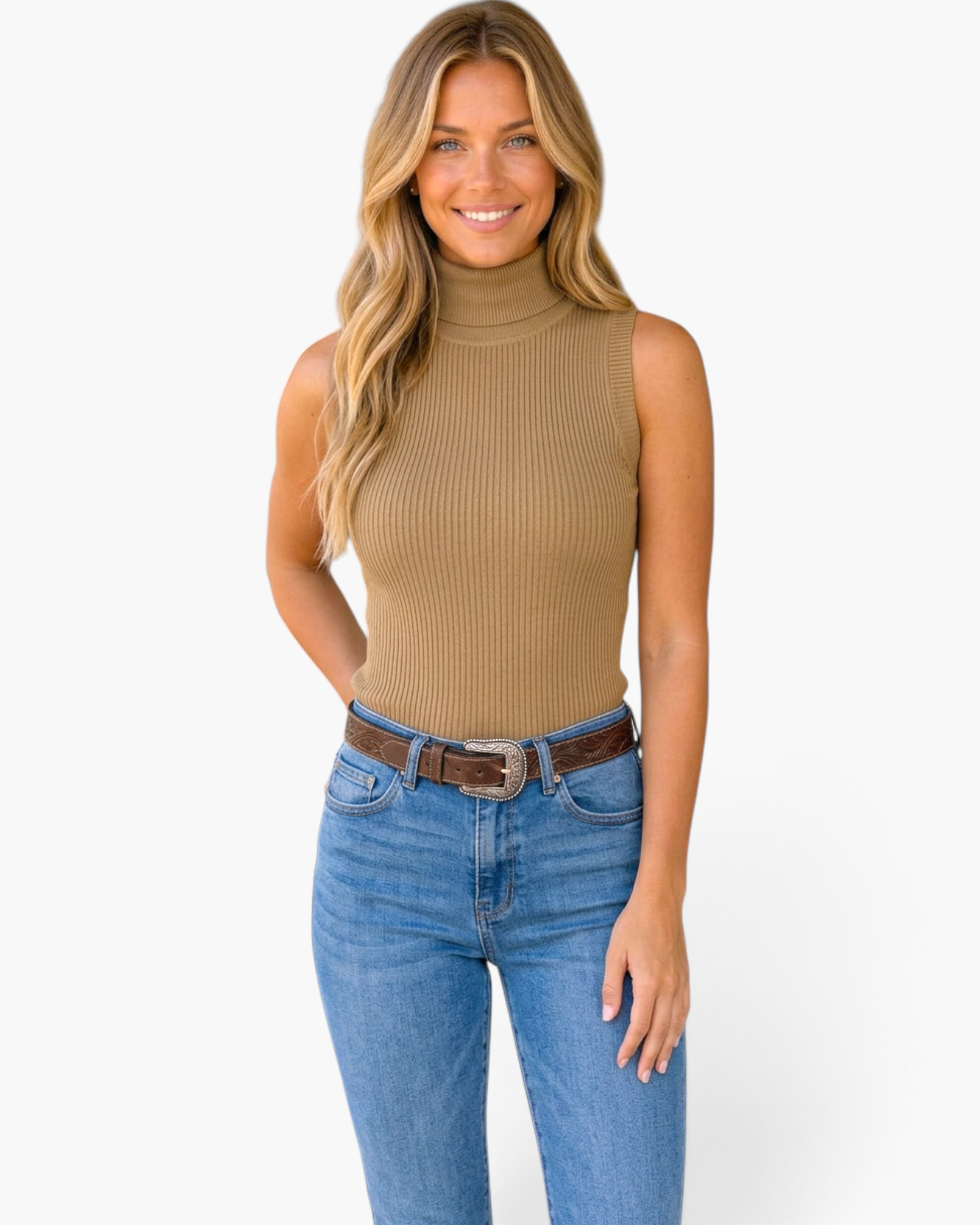 Beach Rose Co. camel ribbed mock-neck sleeveless top worn by a smiling woman with blue jeans and a brown belt