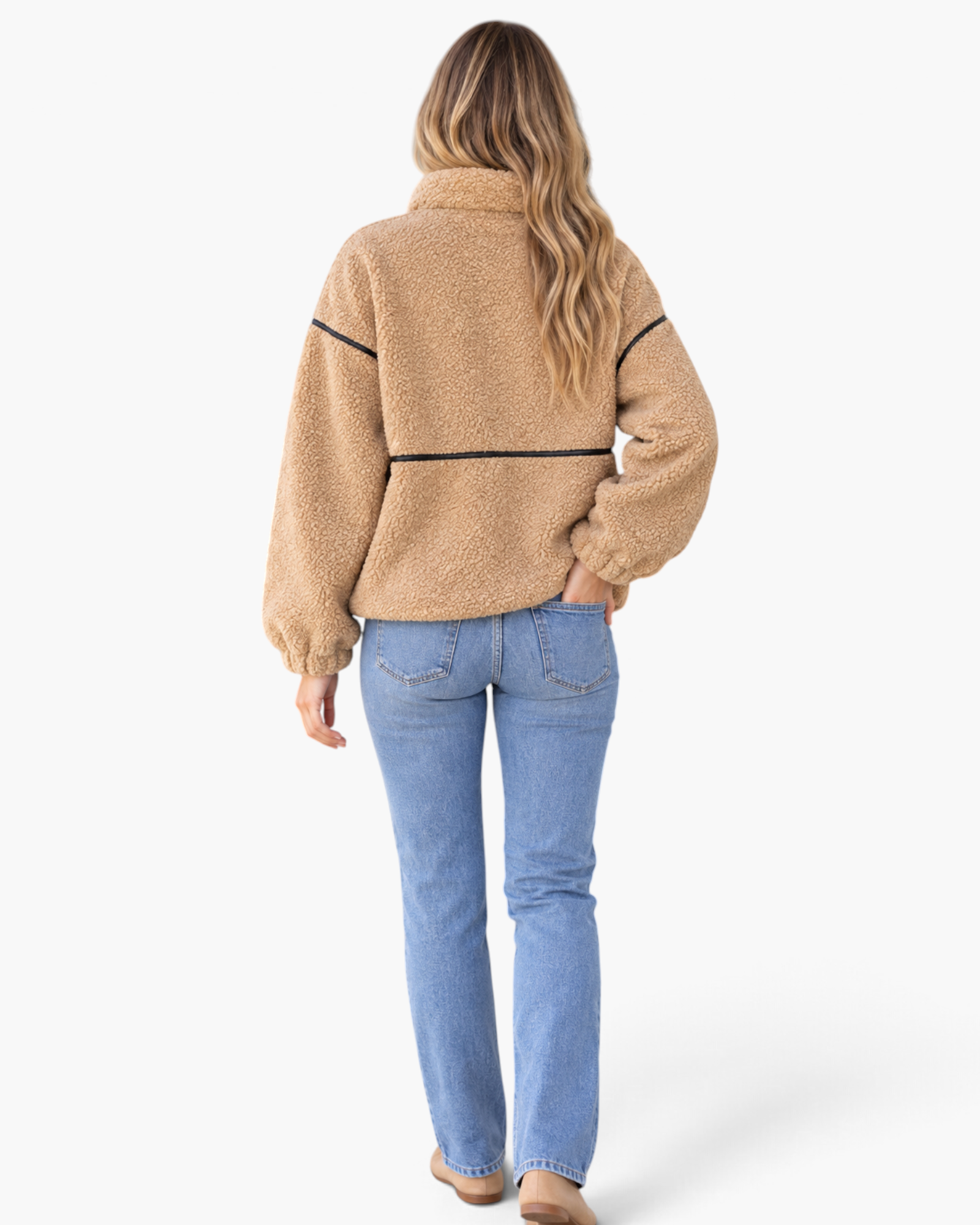 Beach Rose Co. camel sherpa jacket with black contrast trim and stand collar, shown from the back on a model.
