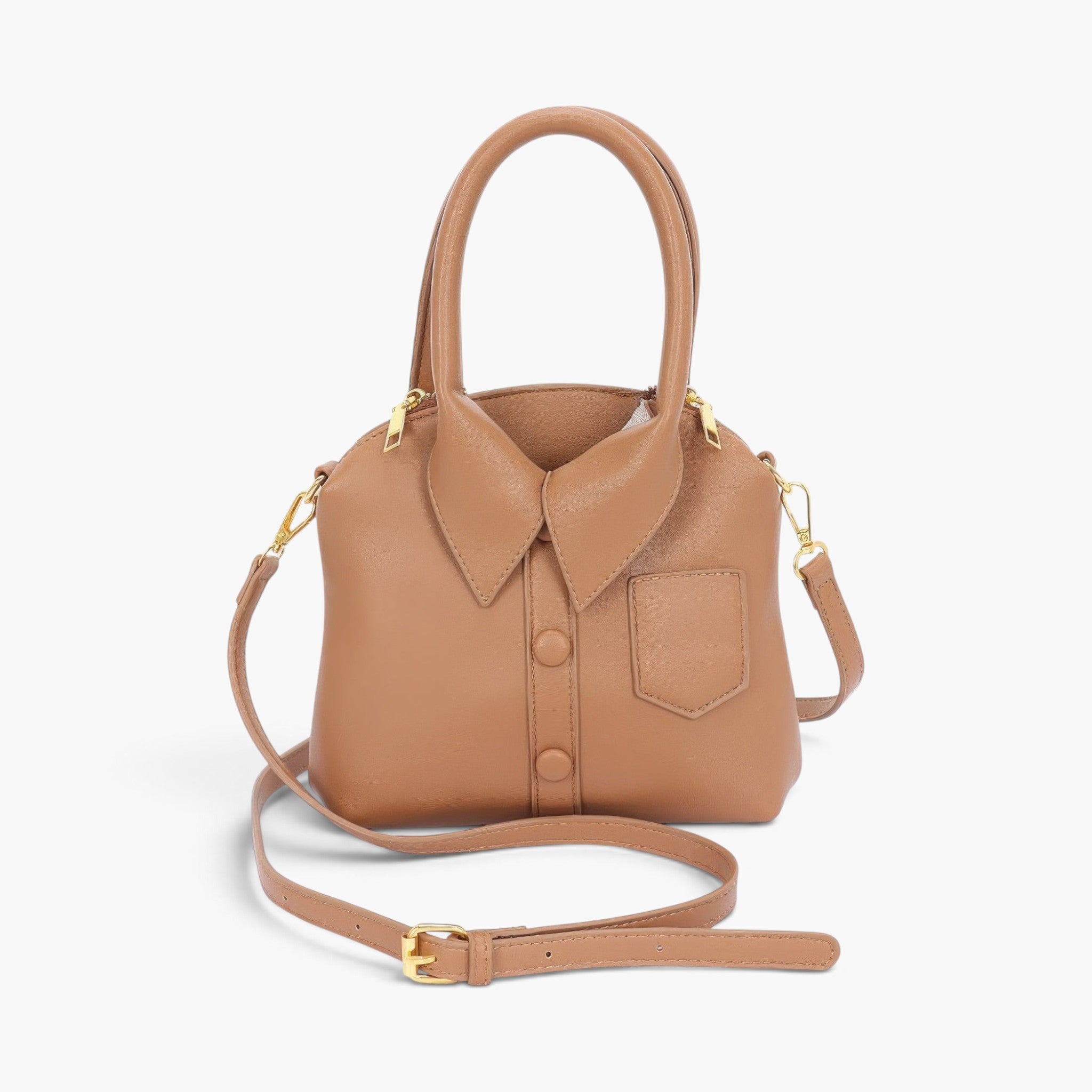 Beach Rose Co. camel faux leather handbag with a unique shirt-style collar, button details, and top handle.