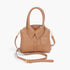 Beach Rose Co. camel faux leather handbag with a unique shirt-style collar, button details, and top handle.
