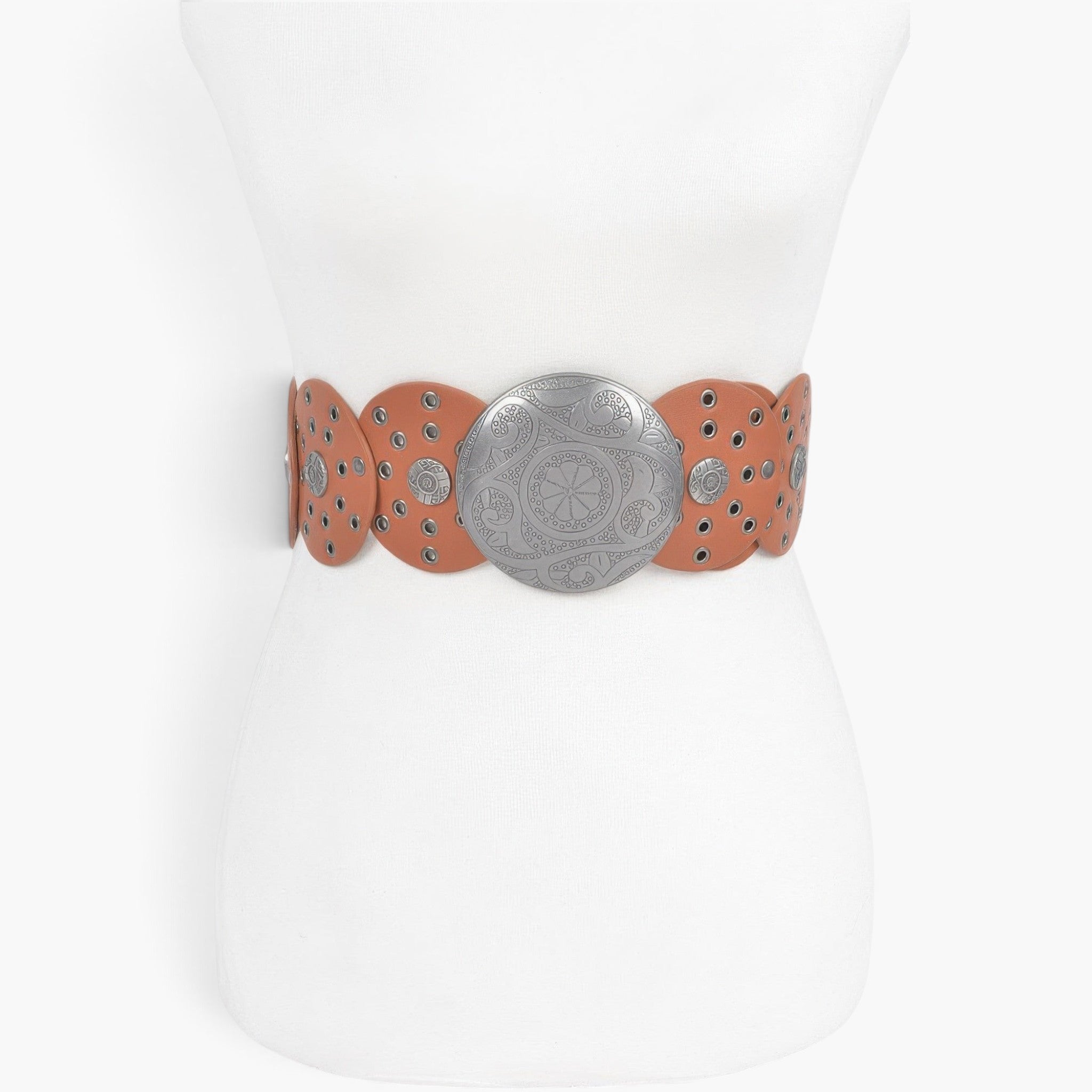 Beach Rose Co. camel faux leather western belt with silver round buckle and decorative multi eyelet detailing.