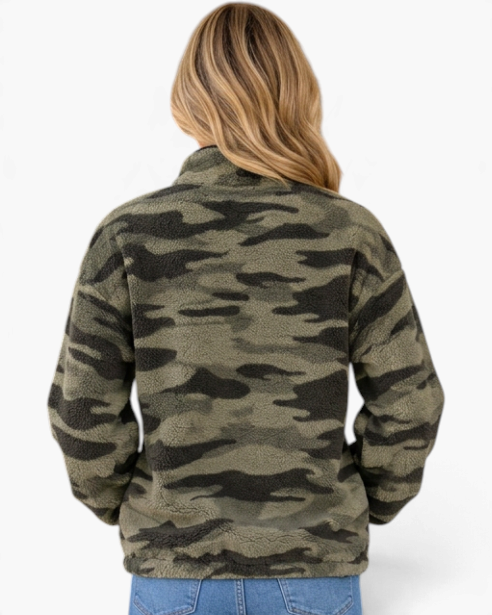 Beach Rose Co. Suttonne Up long sleeve camo fleece sweatshirt with a relaxed fit, viewed from the back.