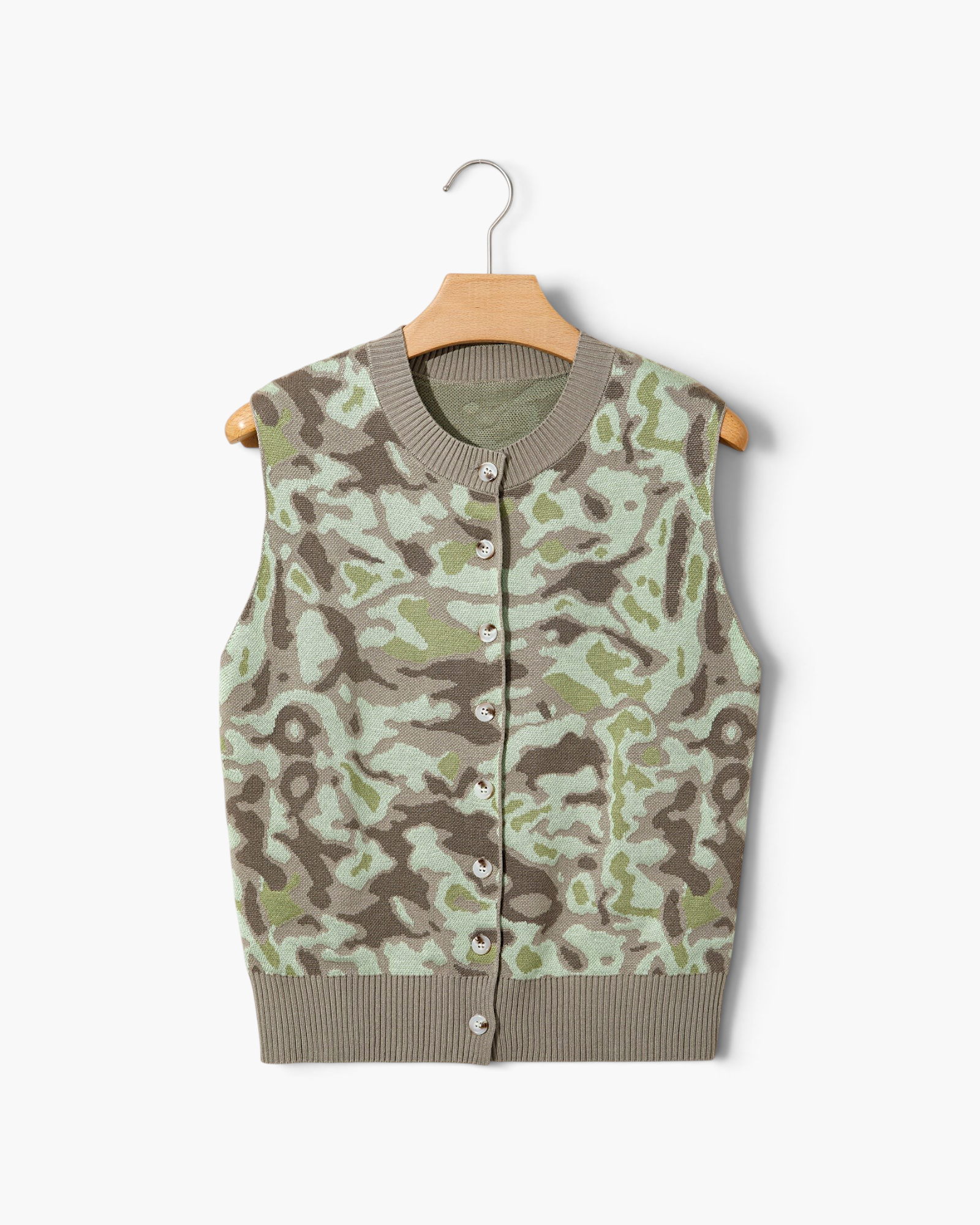 Beach Rose Co. camo print sleeveless sweater vest with a round neck and button-front detail in soft viscose fabric.